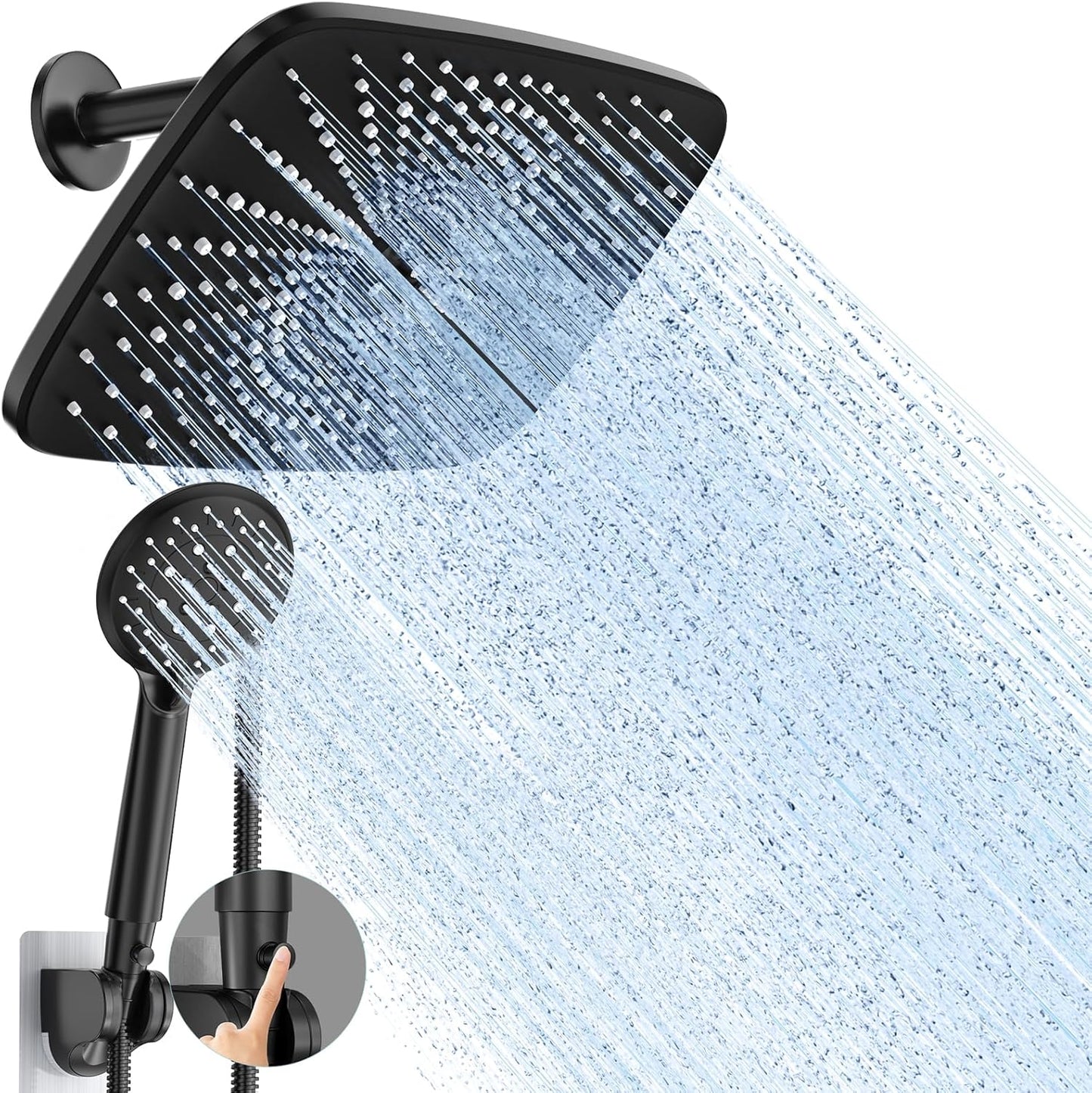 11.8 Inch High Pressure Rain Shower Head -Shower Heads with 5 Modes Handheld Spray Combo- Wide RainFall shower with 70" Hose - Adjustable Dual Showerhead with Anti-Clog Nozzles- Matte Black