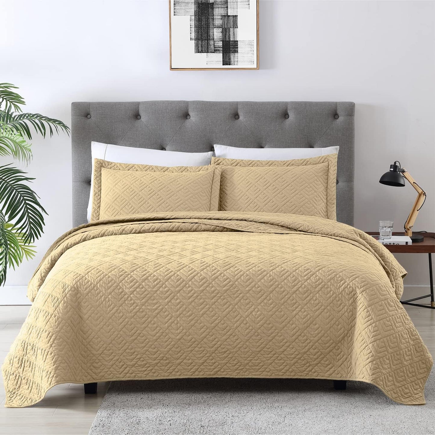 Home Quilt Set Full Queen Size Grey 3 Piece,Lightweight Soft Coverlet Squares Pattern Bedspread Set for All Season(1 Quilt,2 Pillow Shams)