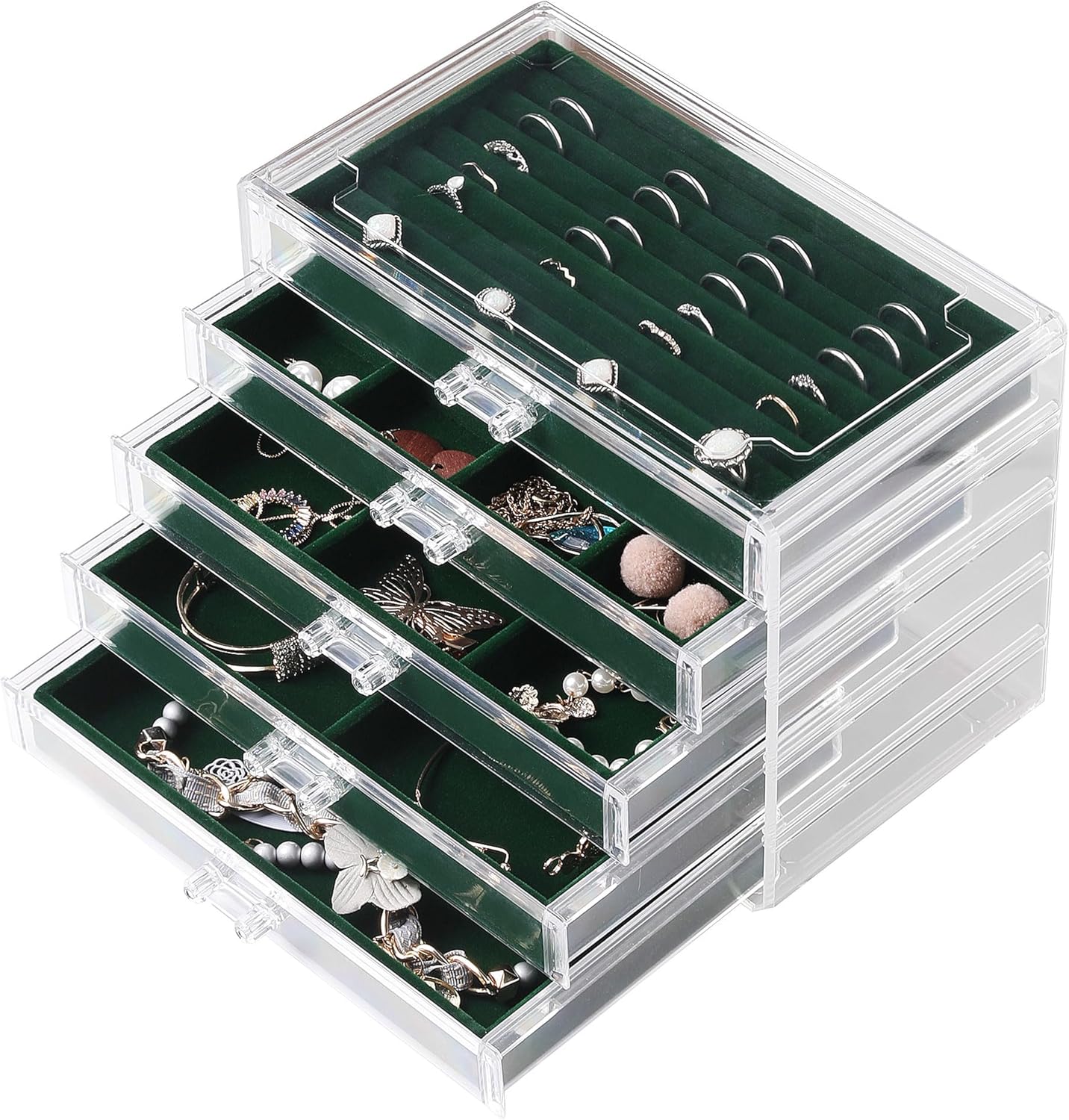 Extra Large Acrylic Jewelry Box for Women 5 Layers Clear Jewelry Organizer Velvet Earring Box with 5 Drawers Rings Display Case Necklaces Holder Tray for Women Girls (White)