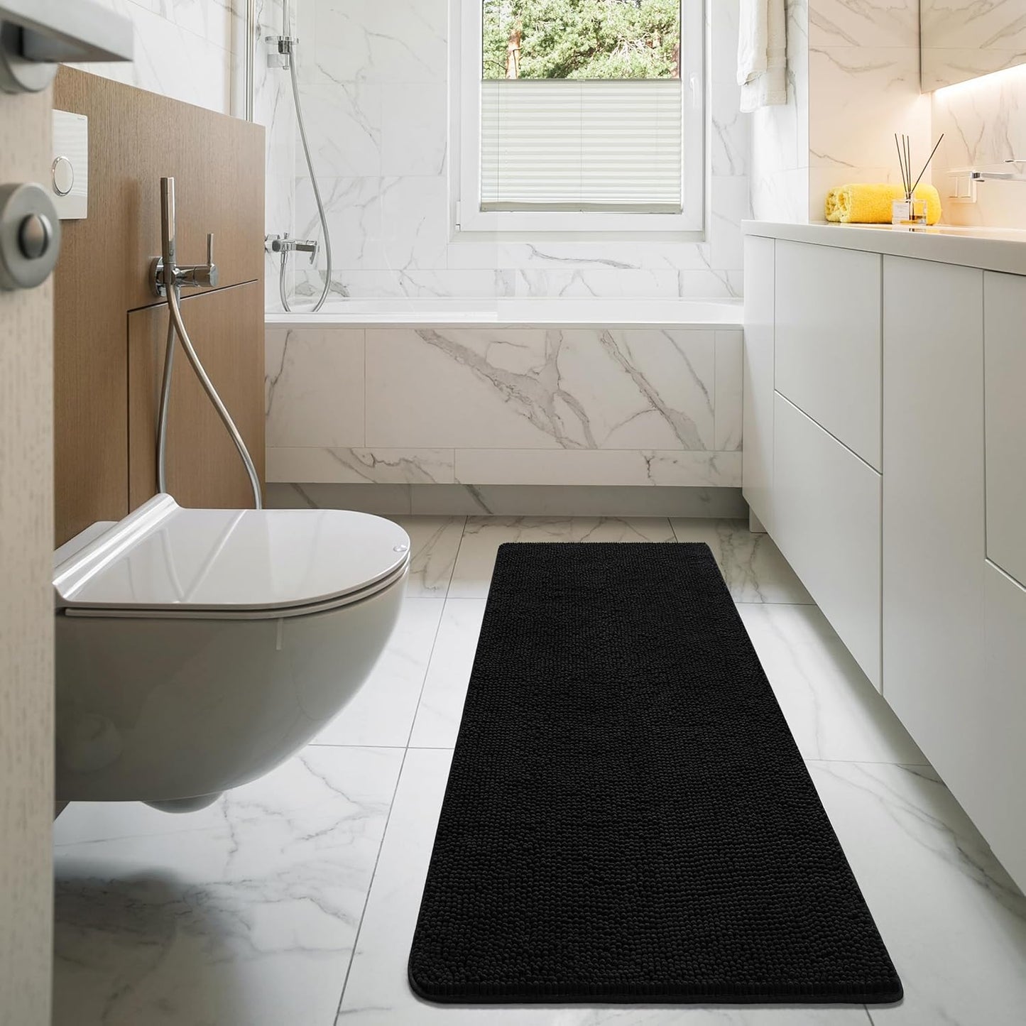 Luxury Bathroom Rug Shaggy Bath Mat 24 x 60 Inch, Washable Non Slip Bath Rugs for Bathroom Shower, Soft Plush Chenille Absorbent Carpets Mats, Black