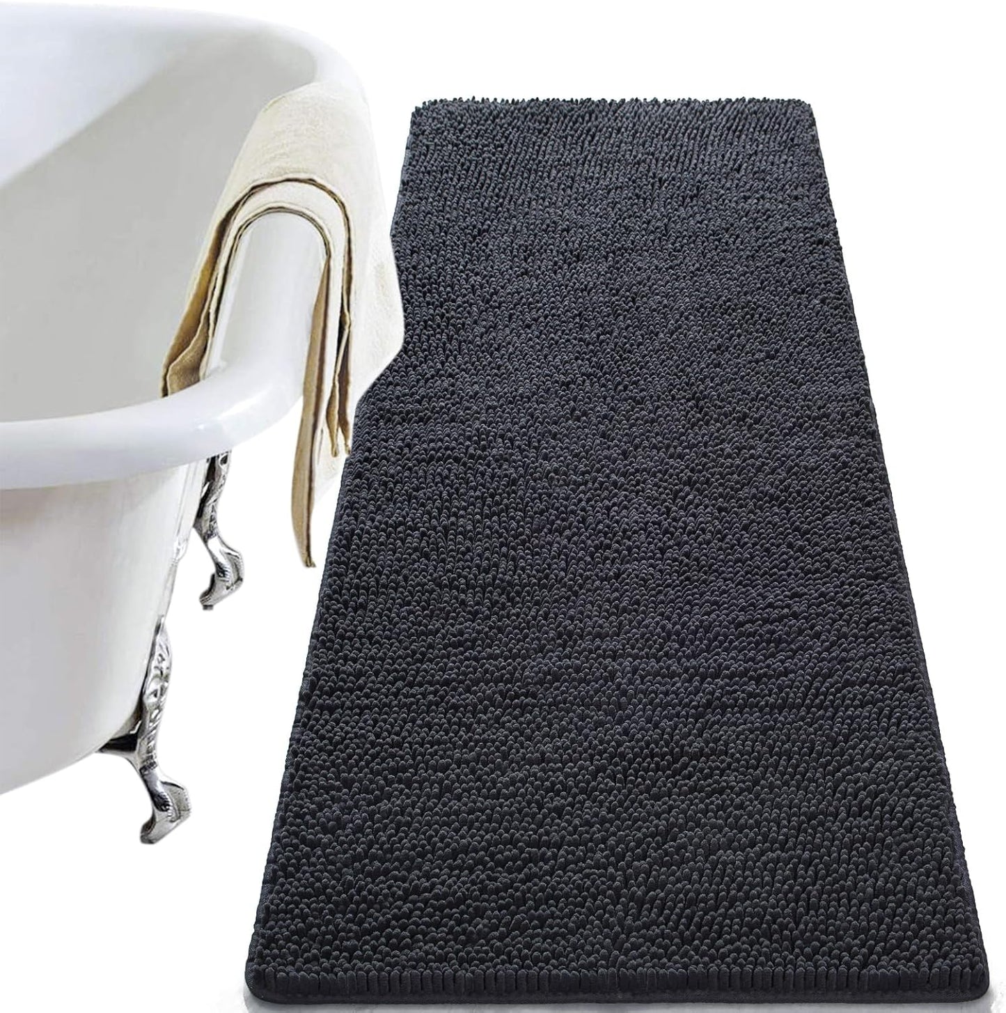 Luxury Bathroom Rug Shaggy Bath Mat 24 x 60 Inch, Washable Non Slip Bath Rugs for Bathroom Shower, Soft Plush Chenille Absorbent Carpets Mats, Black