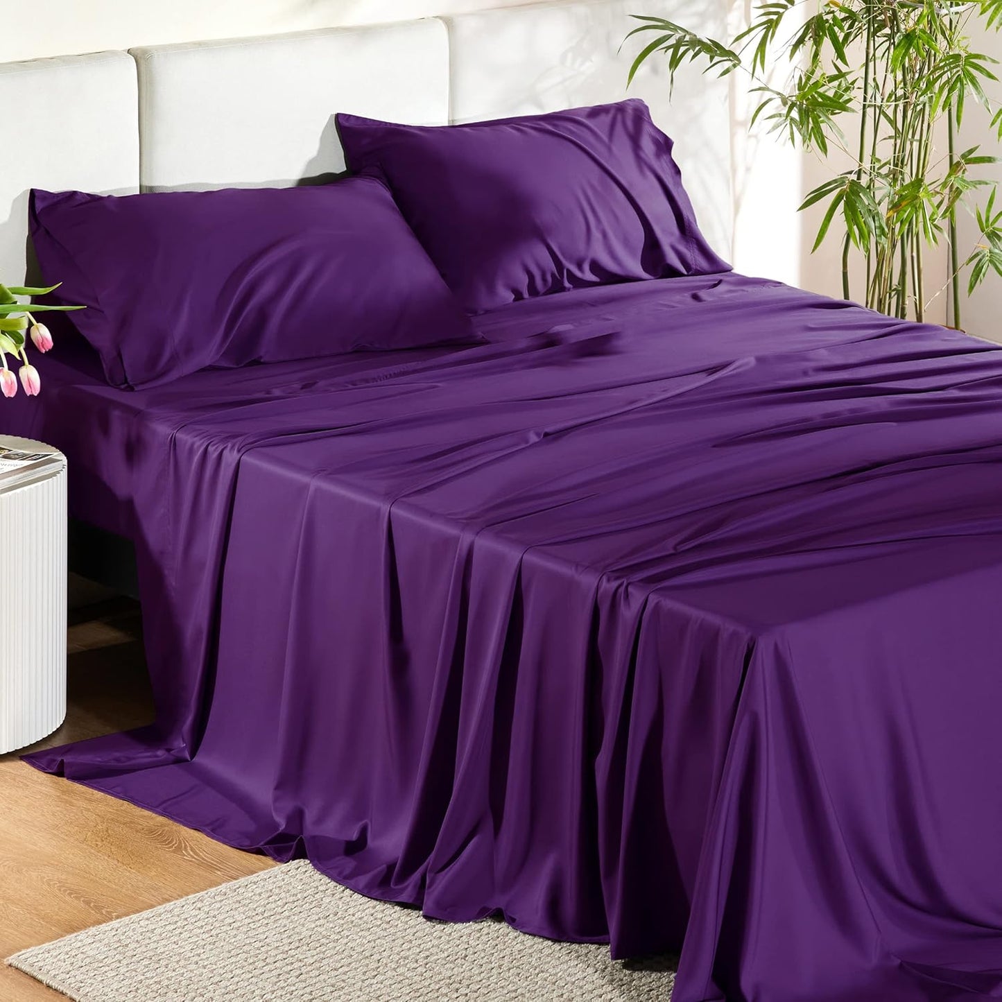 Queen Sheet Set, Cooling Sheets for Queen Size Bed Set, Rayon Derived from Bamboo, Breathable & Soft Deep Pocket Up to 16 Inches, Hotel Luxury Silky Bedding, Bedsheet & Pillowcases, Dark Grey