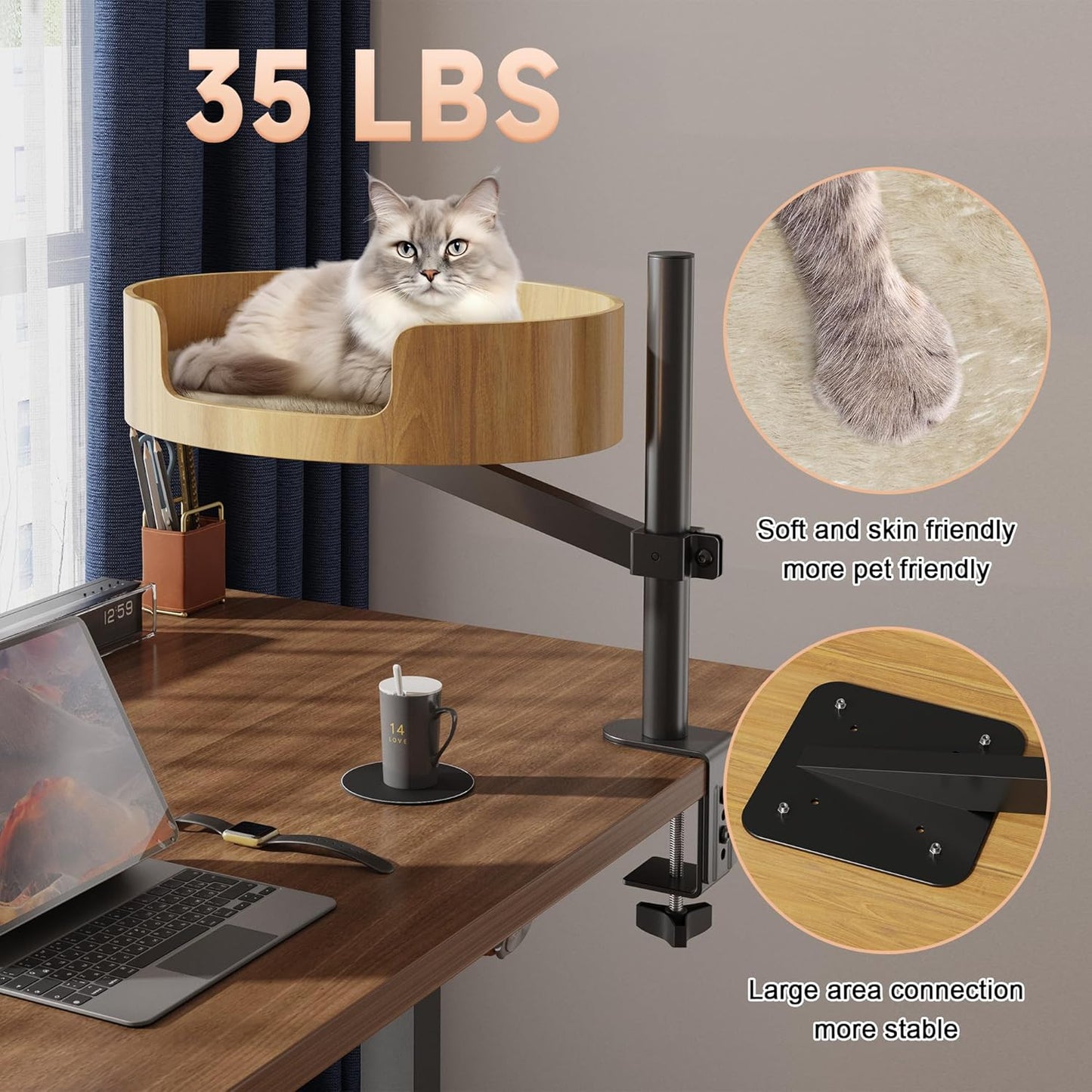 Cat Desk Bed – Cat Bed for Indoor Cats with Adjustable Height&360° Rotation, Elevated Desk Nest Cat Bed for Table, Desktop Cat Bed for Small Space, Wooden Cat Bed Desktop Kitten Furniture