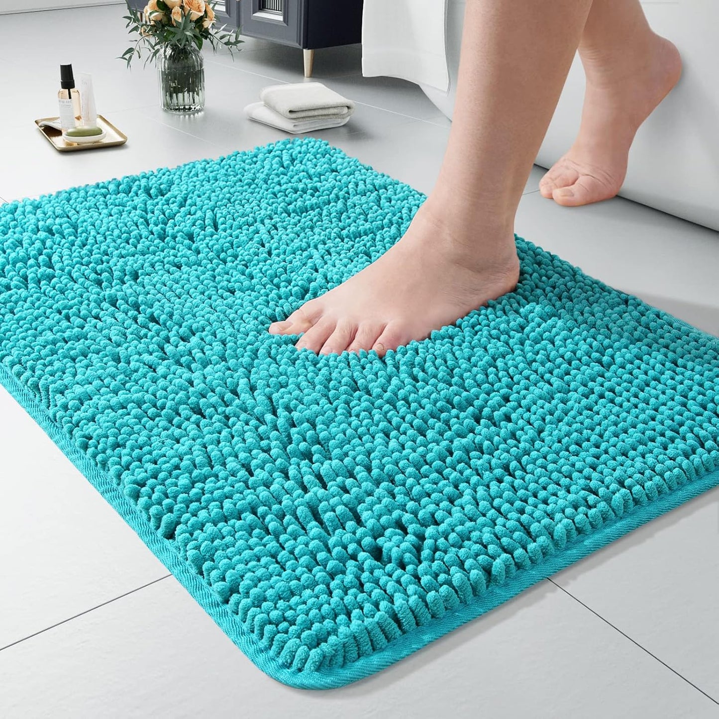 Luxury Bathroom Rug Shaggy Bath Mat 24 x 60 Inch, Washable Non Slip Bath Rugs for Bathroom Shower, Soft Plush Chenille Absorbent Carpets Mats, Black