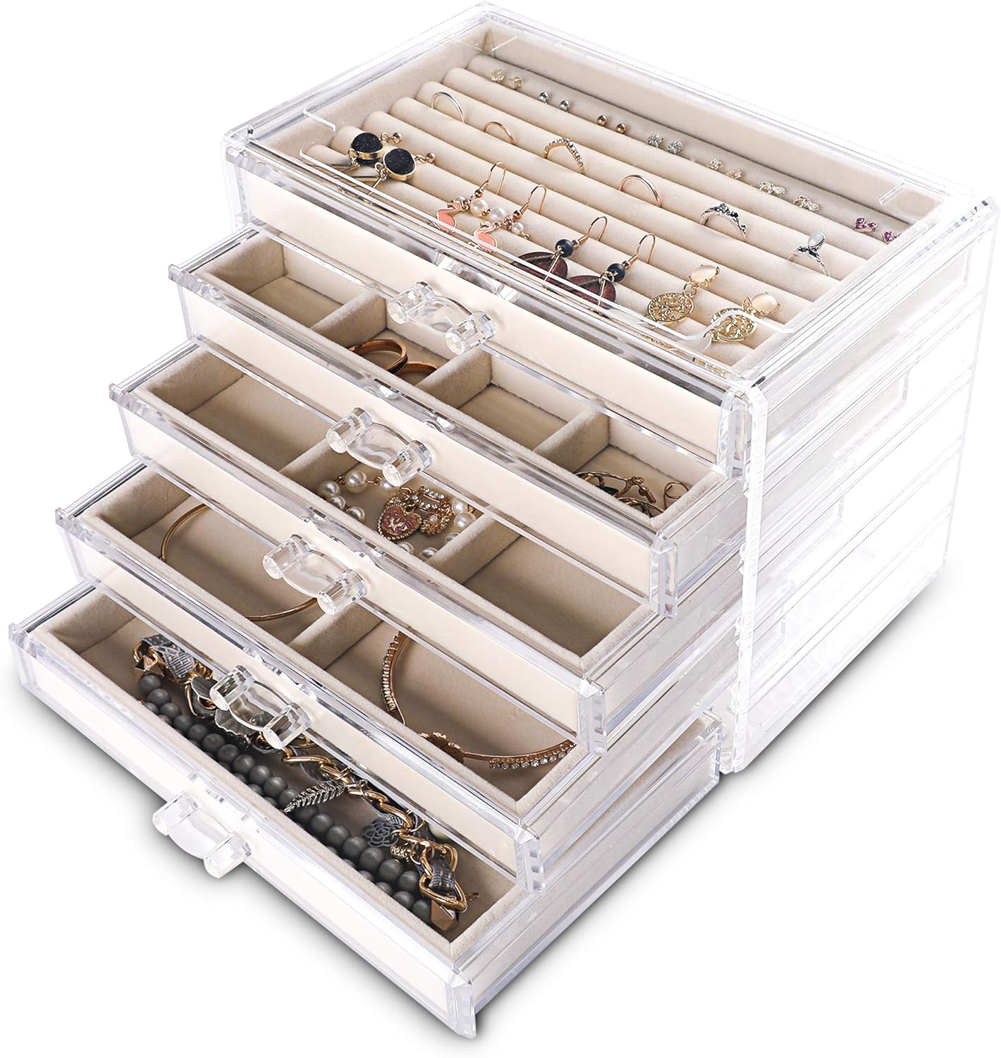 Extra Large Acrylic Jewelry Box for Women 5 Layers Clear Jewelry Organizer Velvet Earring Box with 5 Drawers Rings Display Case Necklaces Holder Tray for Women Girls (White)