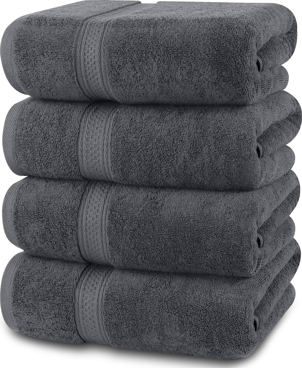 4 Pack Premium Bath Towels Set, (27 x 54 Inches) 100% Ring Spun Cotton 600GSM, Lightweight and Highly Absorbent Quick Drying Towels, Perfect for Daily Use (Grey)