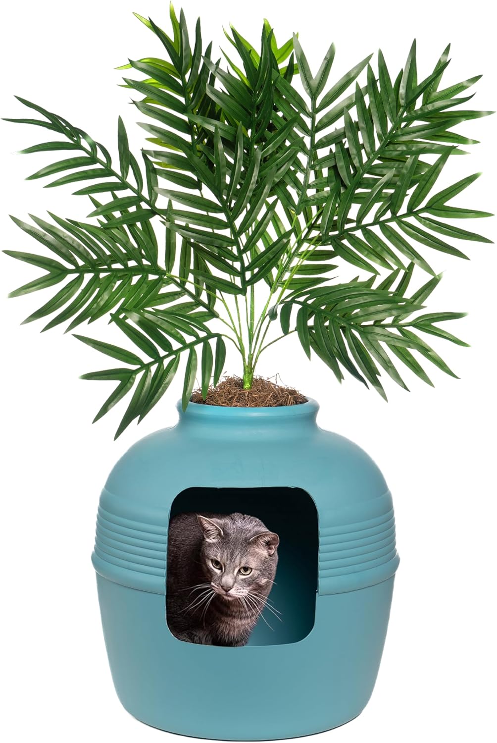 Hidden Litter Box Base Kit, Round Enclosed Cat Planter Furniture with Fake Plant, Hooded Vented Carbon Filter System for Odor Control, Easy to Clean, Made in USA, White Birch