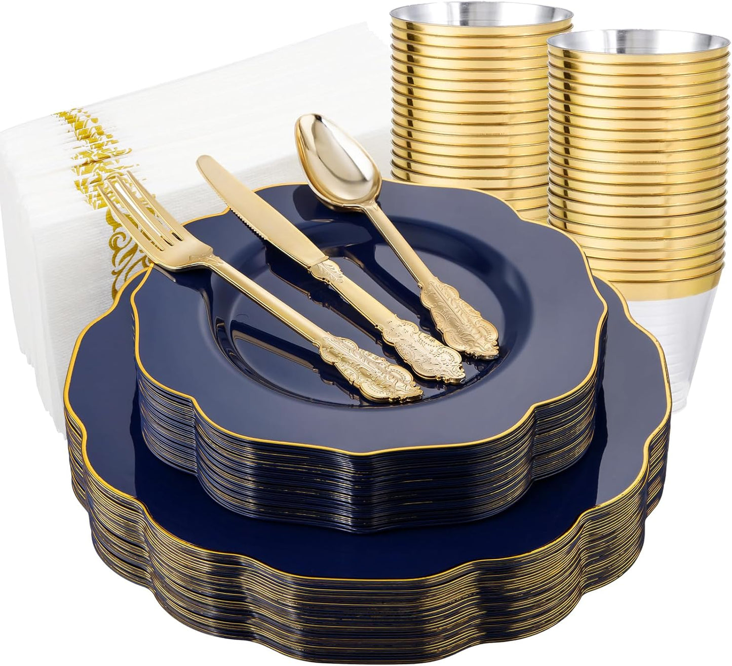 175PCS Pink Plastic Plates - Pink Plates with Gold Disposable Silverware - Include 50 Plates,25 Knives,25 Forks,25 Spoons,25 Cups and 25 Napkins - Ideal for Wedding & Party