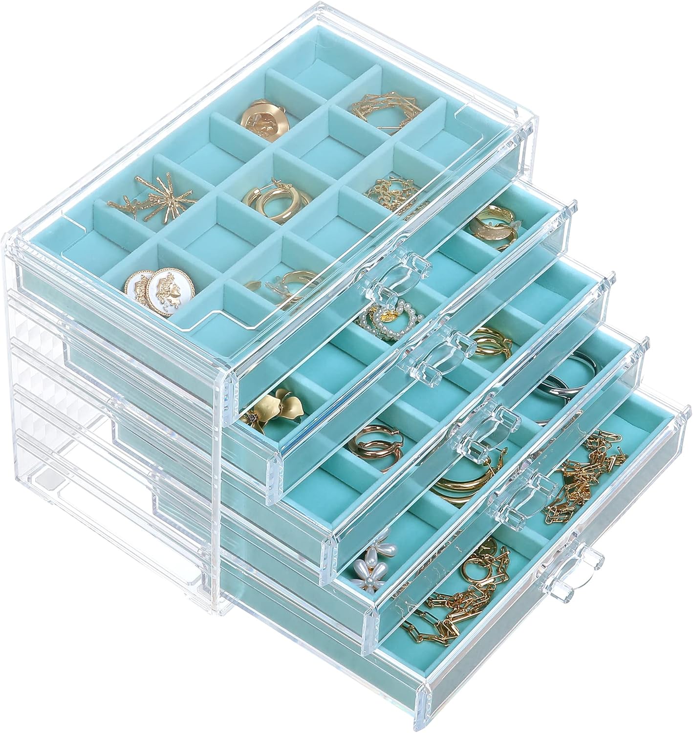 Earring Jewelry Organizer with 5 Drawers, Birthday Present, Clear Acrylic Jewelry Box for Women, Velvet Earring Display Holder for Earrings Ring Bracelet Necklace, Cream