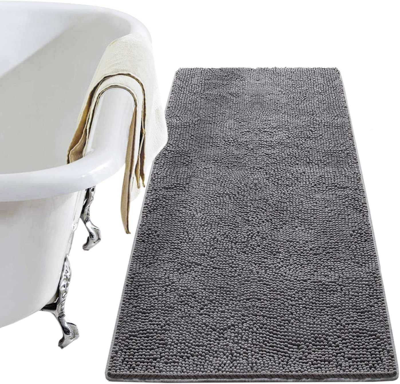 Luxury Bathroom Rug Shaggy Bath Mat 24 x 60 Inch, Washable Non Slip Bath Rugs for Bathroom Shower, Soft Plush Chenille Absorbent Carpets Mats, Black