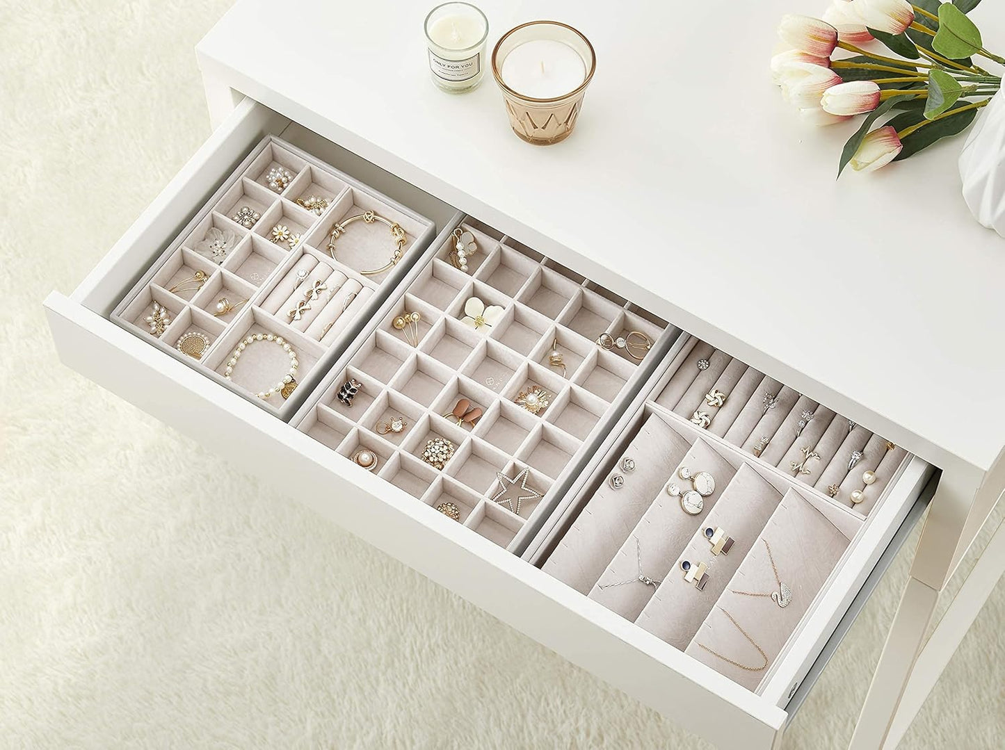 Jewelry Trays Stackable Showcase Display Drawer Organizer Storage Toughened Glass Lid Multi-Purpose Multiple Combinations Large Capacity Multi-Layer Design and Fashion-White