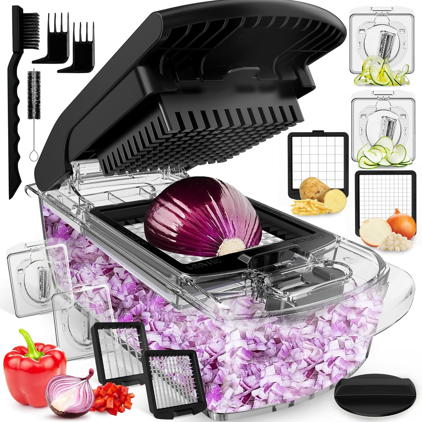Vegetable Chopper - Food Chopper - Onion Chopper - Vegetable Slicer & Spiralizer - Veggie Chopper with Container - Kitchen Gadgets - Home Essentials - Kitchen Accessories (9 in 1, White)