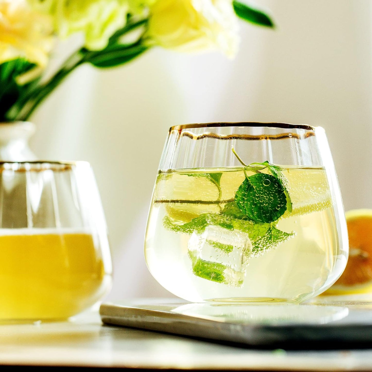 Stemless Wine Glasses Set of 4 - Premium Hand Blown Drinking Glasses for White and Red Wine - Elegant Wide Vertical Stripe and Gold Rim Design - Clear 11.8oz
