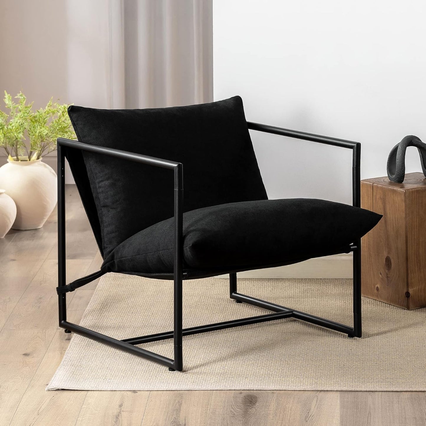 Aidan Sling Accent Chair, Metal Framed Armchair with Shredded Foam Cushioning, Oatmeal