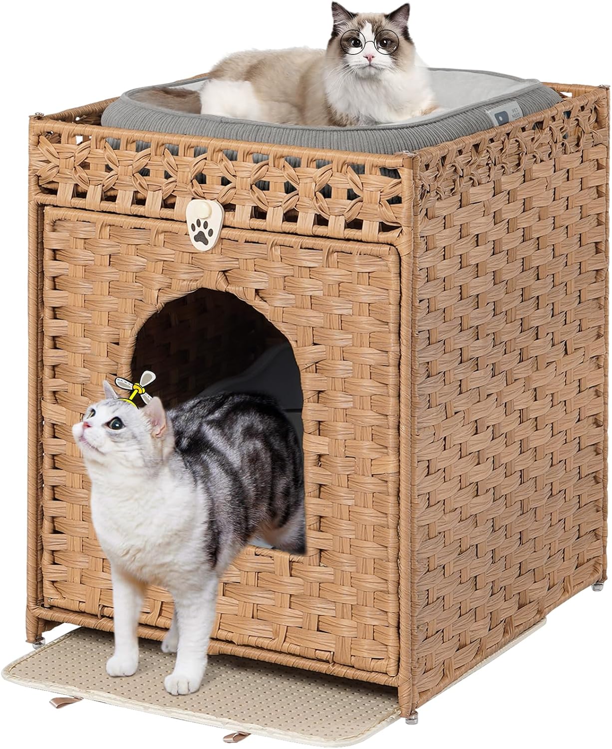 Cat Litter Box Enclosure Furniture Hidden with Cat Litter Mat, Hidden Cat Washroom Furniture with Door, Handwoven Rattan Cat Washroom Box, Indoor Pet House for Living Room, Bedroom(Grey)