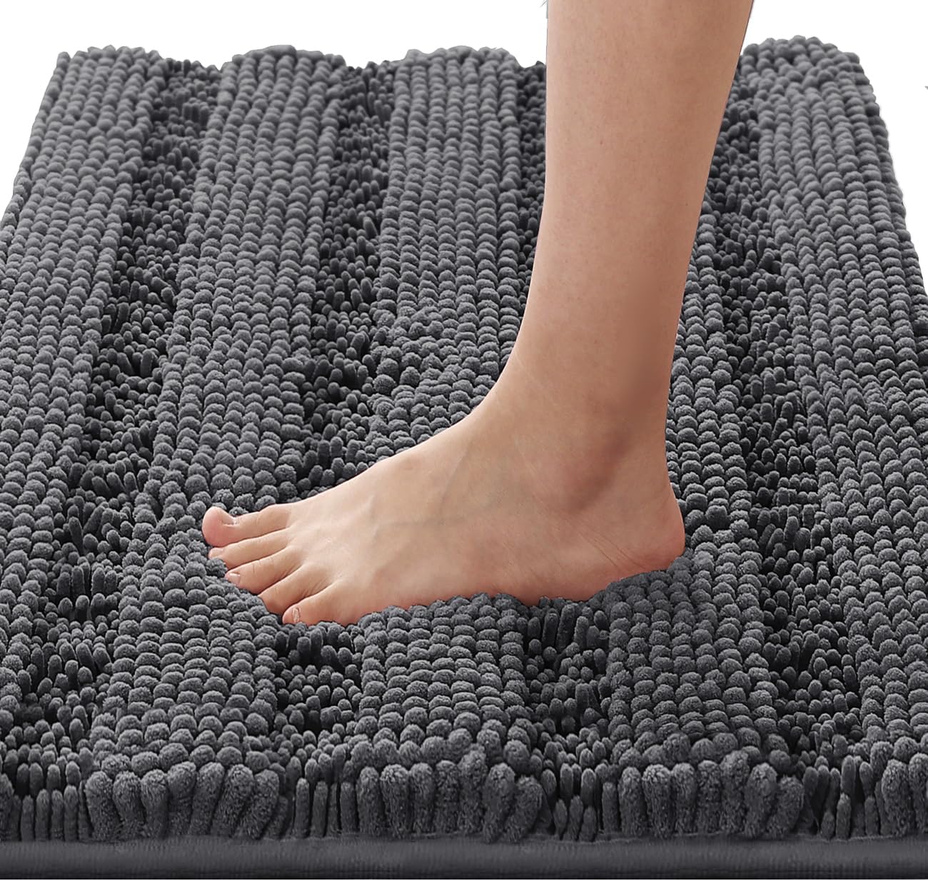 Black Bathroom Rug Set Extra Thick Striped Bath Mats for Bathroom Floor 2 Piece, Anti-Slip Bath Mat Set Soft Plush Chenille Shower Rugs for Bathroom Waterproof (20" x 32"/17" x 24")