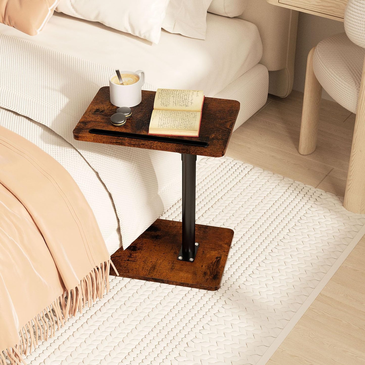Sofa Armrest Tray Table for Couch - 360° Swivel Height Adjustable End for Small Spaces, Snack Side Table for Bed or Chair with Phone & Tablet Slot (Rustic,Standard)