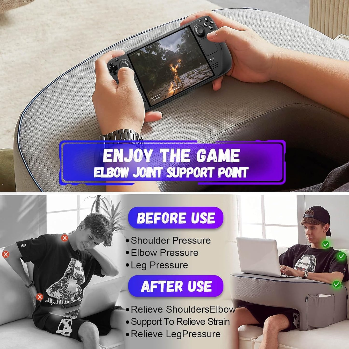 Reading Pillow for Gaming, Extra Large Arm Rest Pillow for Adult, Memory Foam Bed Rest Pillow for Reading, Working, Playing Steam Deck Switch or Sitting in Bed Floor Sofa(Grey)