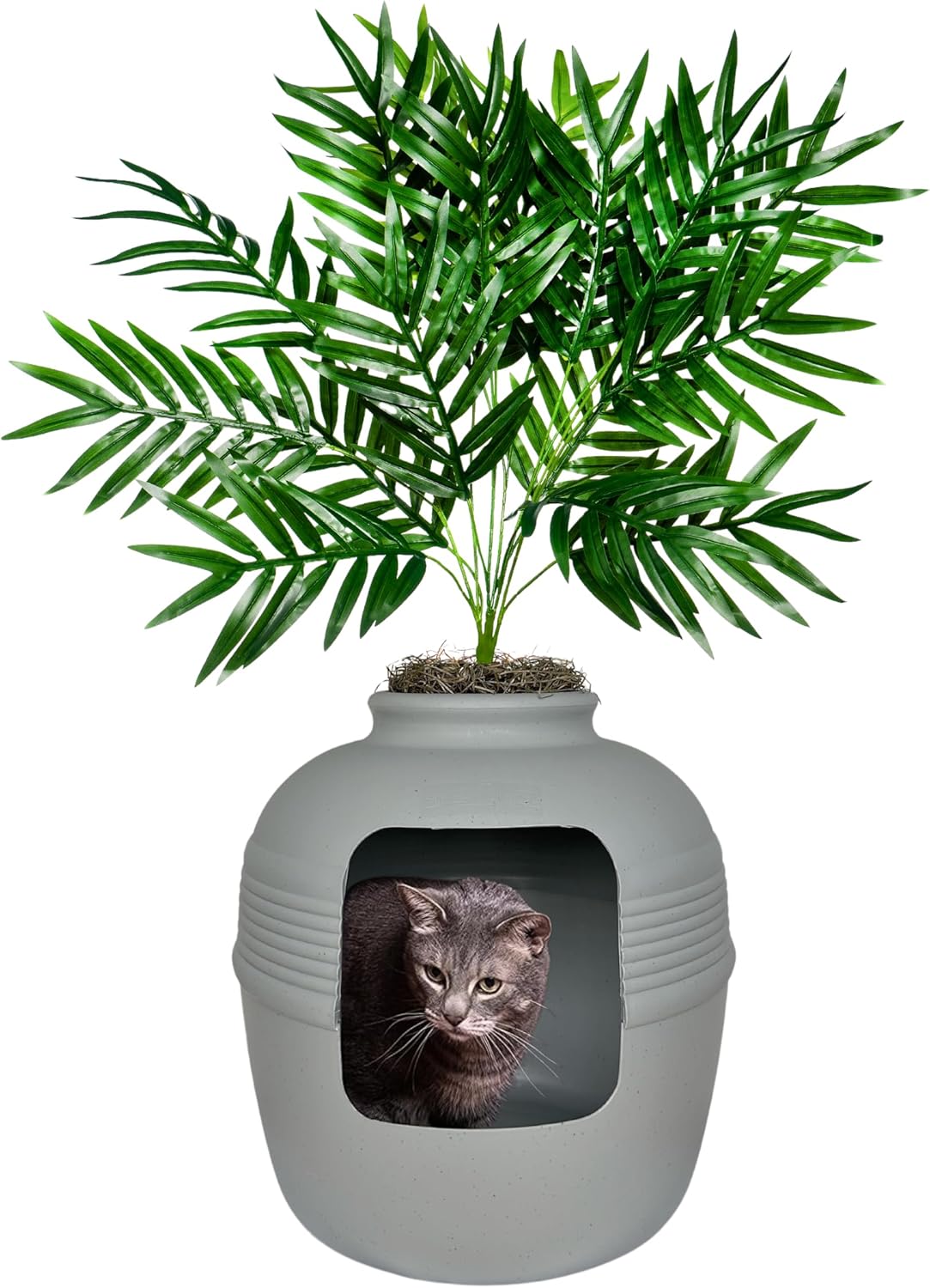 Hidden Litter Box Base Kit, Round Enclosed Cat Planter Furniture with Fake Plant, Hooded Vented Carbon Filter System for Odor Control, Easy to Clean, Made in USA, White Birch