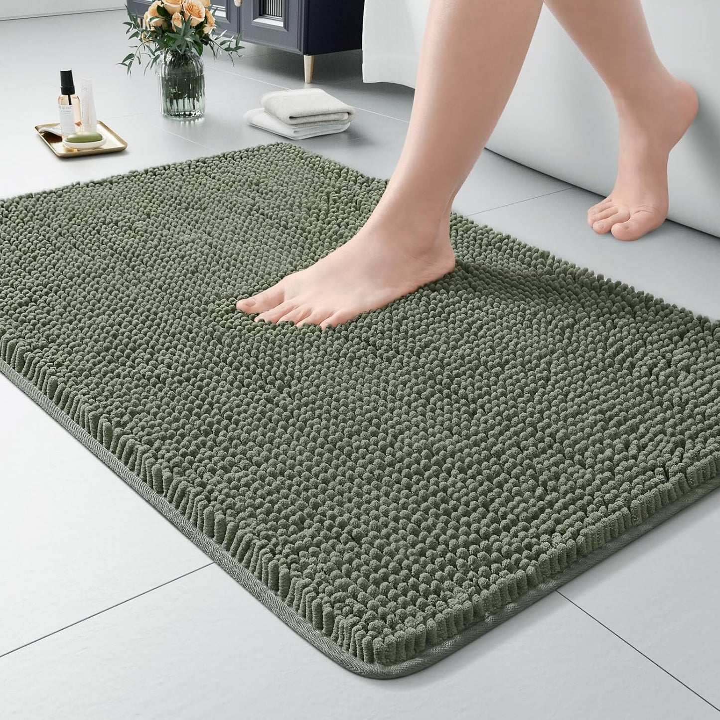 Luxury Bathroom Rug Shaggy Bath Mat 24 x 60 Inch, Washable Non Slip Bath Rugs for Bathroom Shower, Soft Plush Chenille Absorbent Carpets Mats, Black