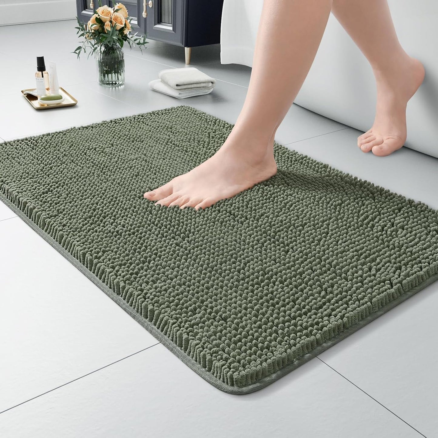 Luxury Bathroom Rug Shaggy Bath Mat 24 x 60 Inch, Washable Non Slip Bath Rugs for Bathroom Shower, Soft Plush Chenille Absorbent Carpets Mats, Black