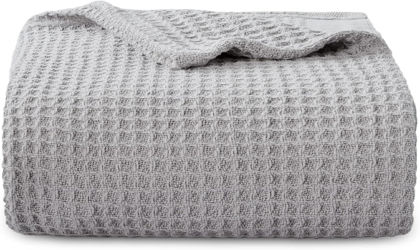 100% Cotton Blanket Queen Size for Bed - Breathable and Soft, Waffle Weave Blanket for Summer Spring, White, 90x90 Inches