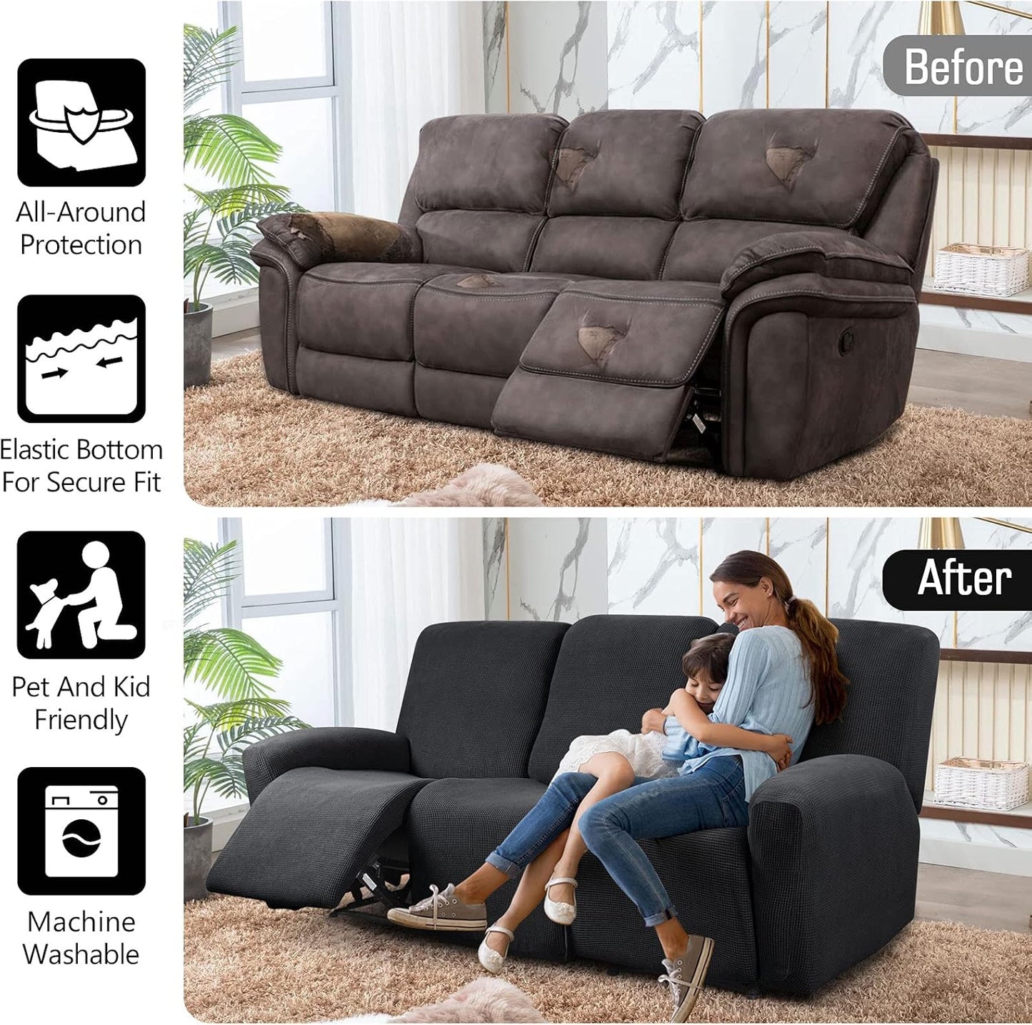 Recliner Sofa Covers 8-Pieces Stretch Large Couch Covers for 3 Seats Reclining Slipcovers Soft Jacquard Pattern Furniture Protector Black