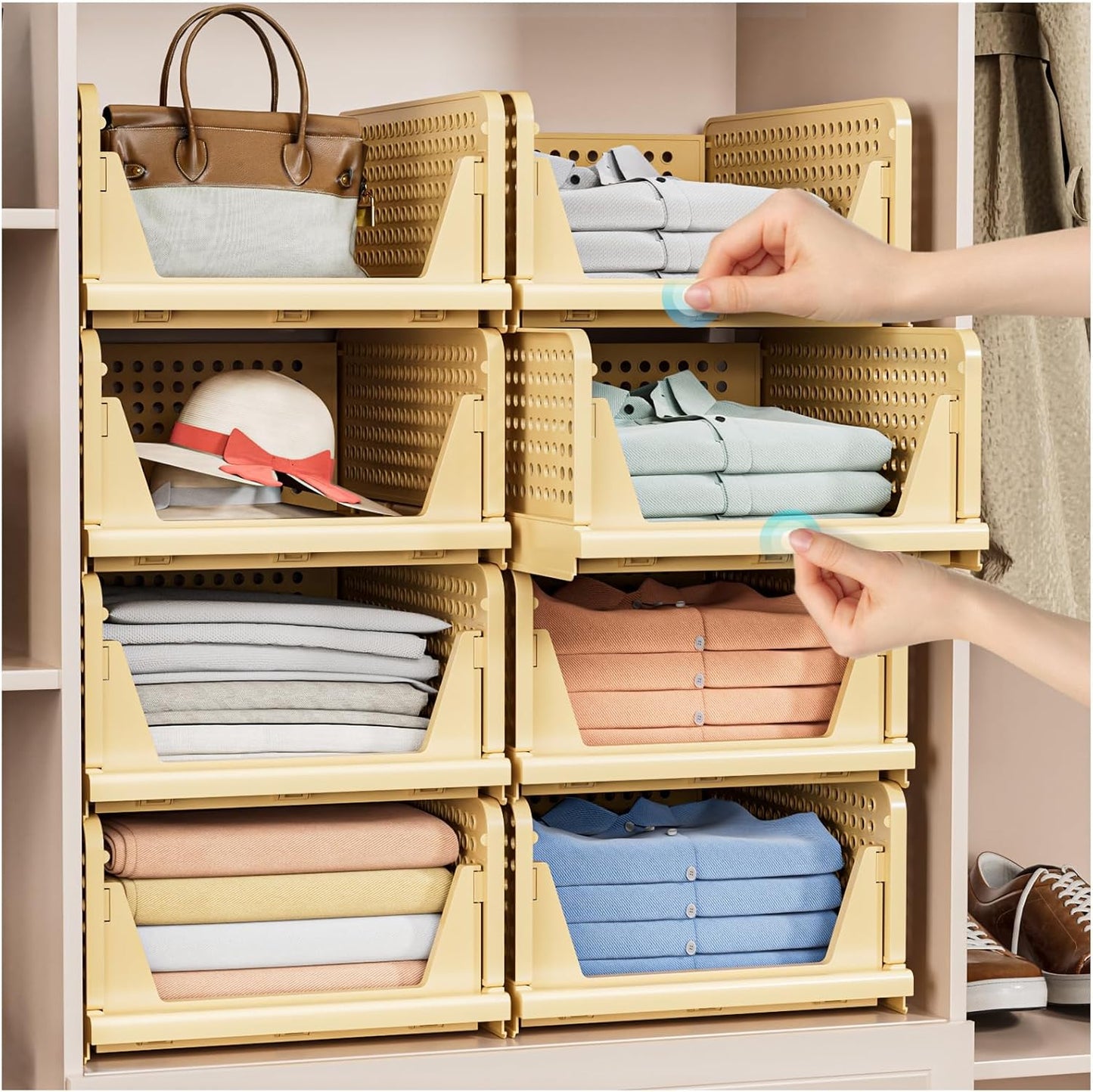 5 Pack Folding Closet Organizers Storage Box, Stackable Plastic Storage Basket, Closet Organizers and Storage Drawer Shelf Storage, Storage Container for Cupboard Kitchen Bathroom, White