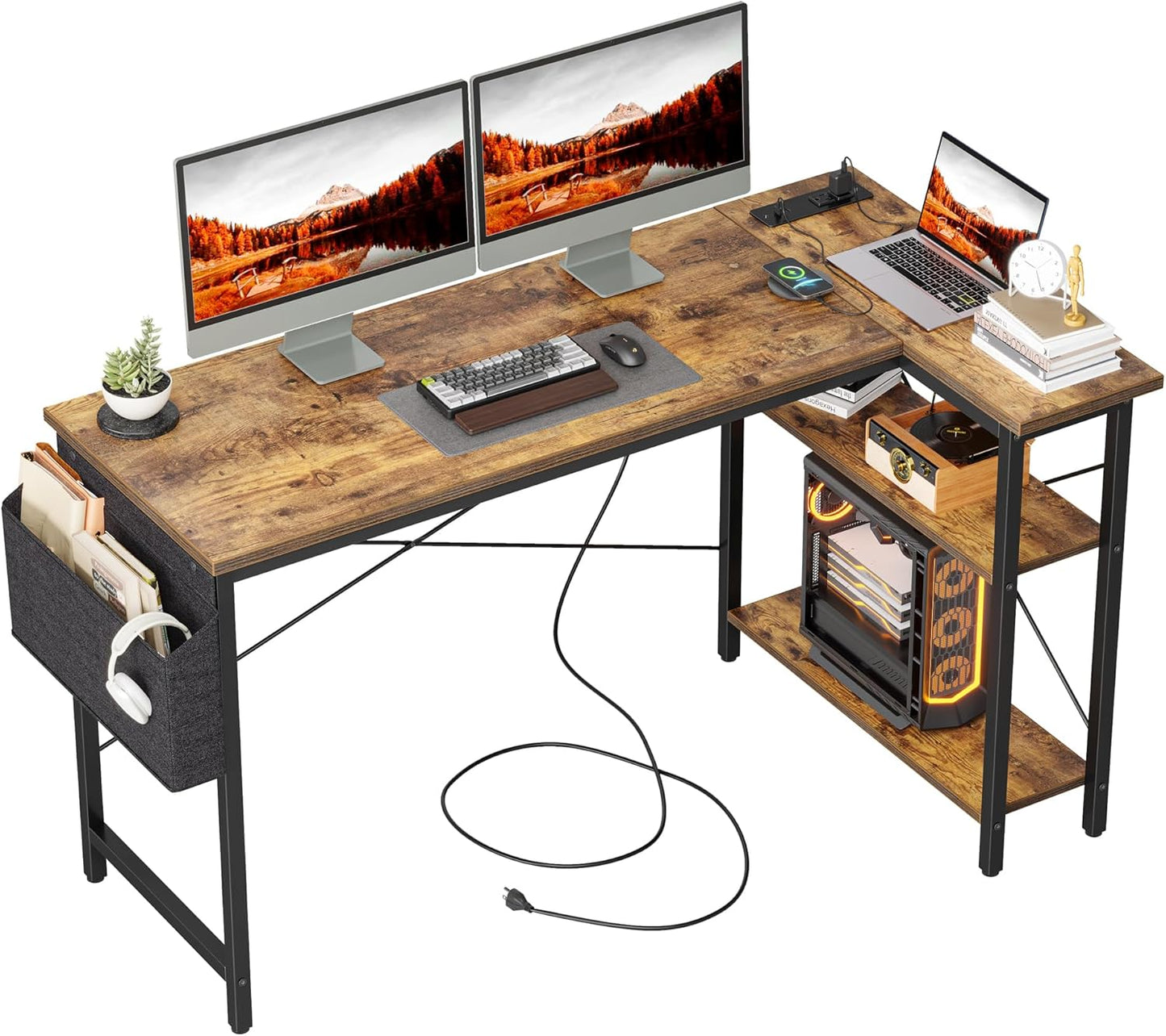 Small Computer Desk with Power Outlets, 40 Inch L Shaped Desk with Reversible Shelves, Gaming Desk Corner Desk Study Writing Table for Home Office Bedroom Living Room, Black