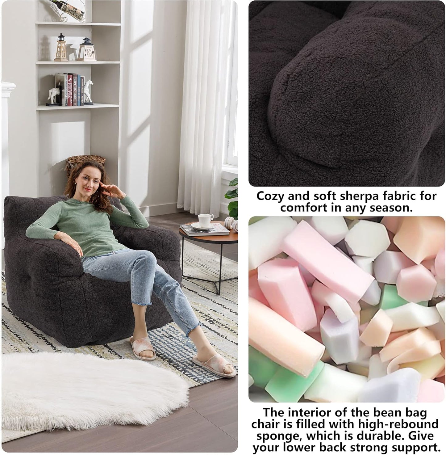 Bean Bag Chairs, Tufted Soft Stuffed Bean Bag Chair with Filler, Fluffy Lazy Sofa, Imperial Lounger Giant Bean Bag Chair for Bedroom, Living Room, Dark Black