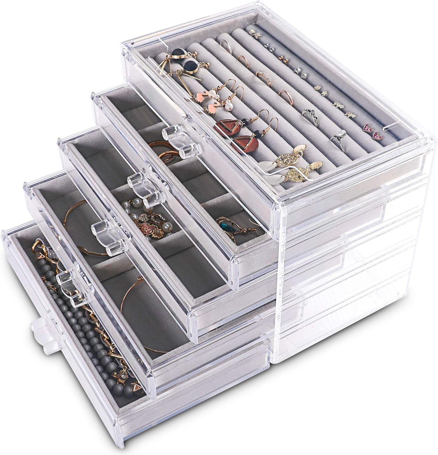 Extra Large Acrylic Jewelry Box for Women 5 Layers Clear Jewelry Organizer Velvet Earring Box with 5 Drawers Rings Display Case Necklaces Holder Tray for Women Girls (White)