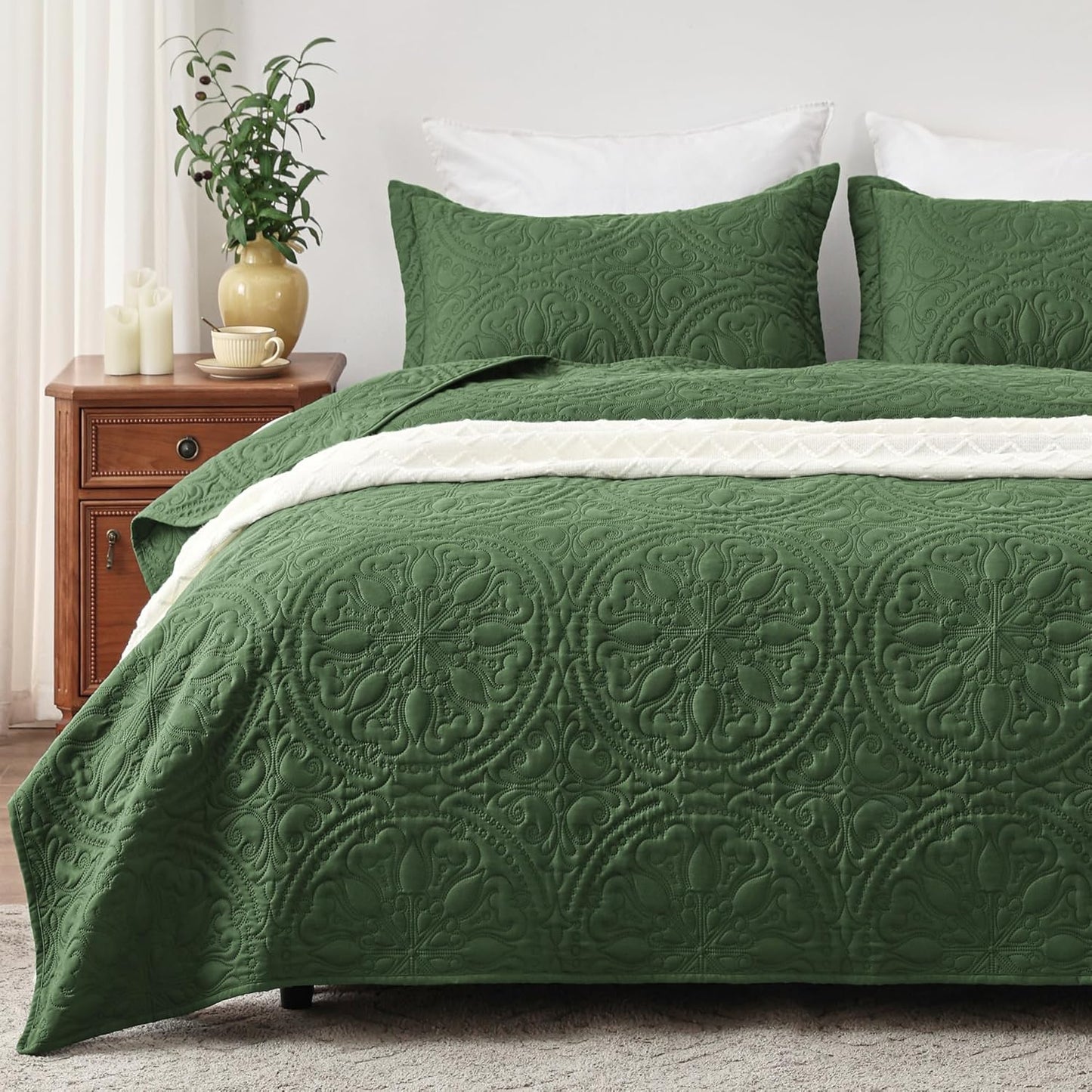Home Quilt Set Full Queen Size Grey 3 Piece,Lightweight Soft Coverlet Squares Pattern Bedspread Set for All Season(1 Quilt,2 Pillow Shams)