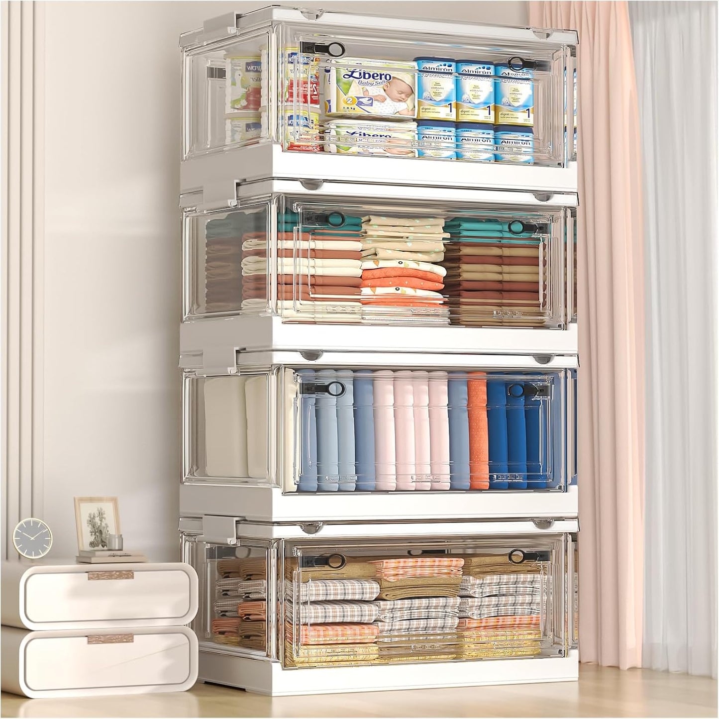 4 Tier Stackable Storage Bins with Lids, 23Qt Plastic Storage Containers with Magnetic Doors & Wheels, Collapsible Storage Bins Closet Organizers, Foldable Organization for Home, Party, Office, Dorm