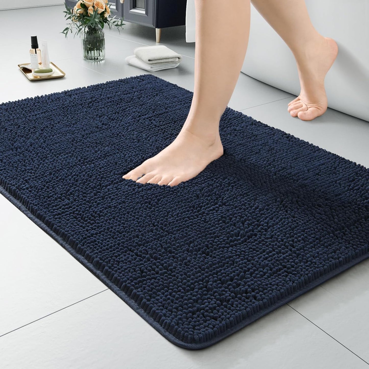 Luxury Bathroom Rug Shaggy Bath Mat 24 x 60 Inch, Washable Non Slip Bath Rugs for Bathroom Shower, Soft Plush Chenille Absorbent Carpets Mats, Black