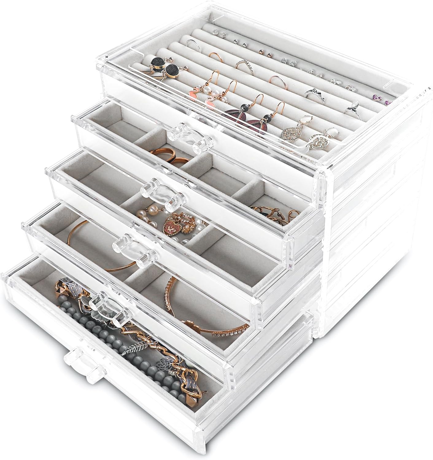 Extra Large Acrylic Jewelry Box for Women 5 Layers Clear Jewelry Organizer Velvet Earring Box with 5 Drawers Rings Display Case Necklaces Holder Tray for Women Girls (White)