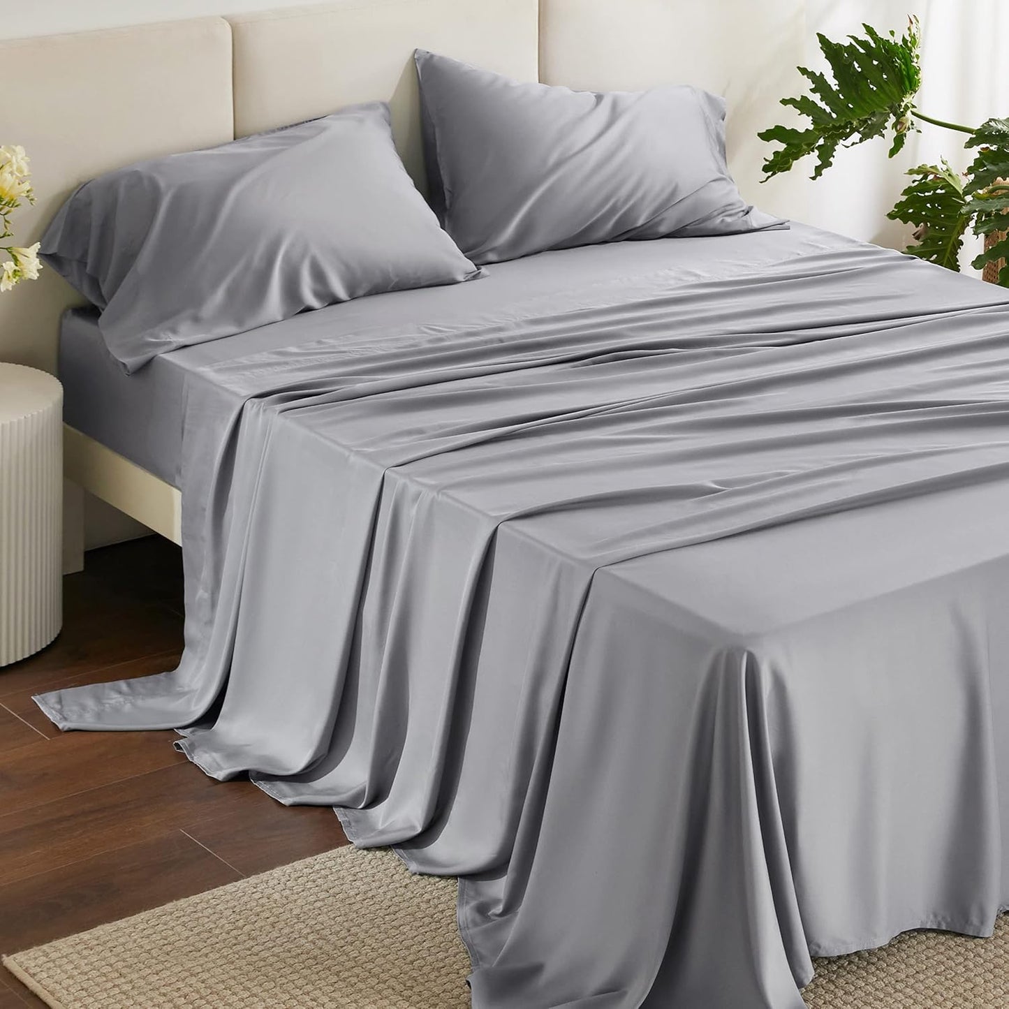 Queen Sheet Set, Cooling Sheets for Queen Size Bed Set, Rayon Derived from Bamboo, Breathable & Soft Deep Pocket Up to 16 Inches, Hotel Luxury Silky Bedding, Bedsheet & Pillowcases, Dark Grey