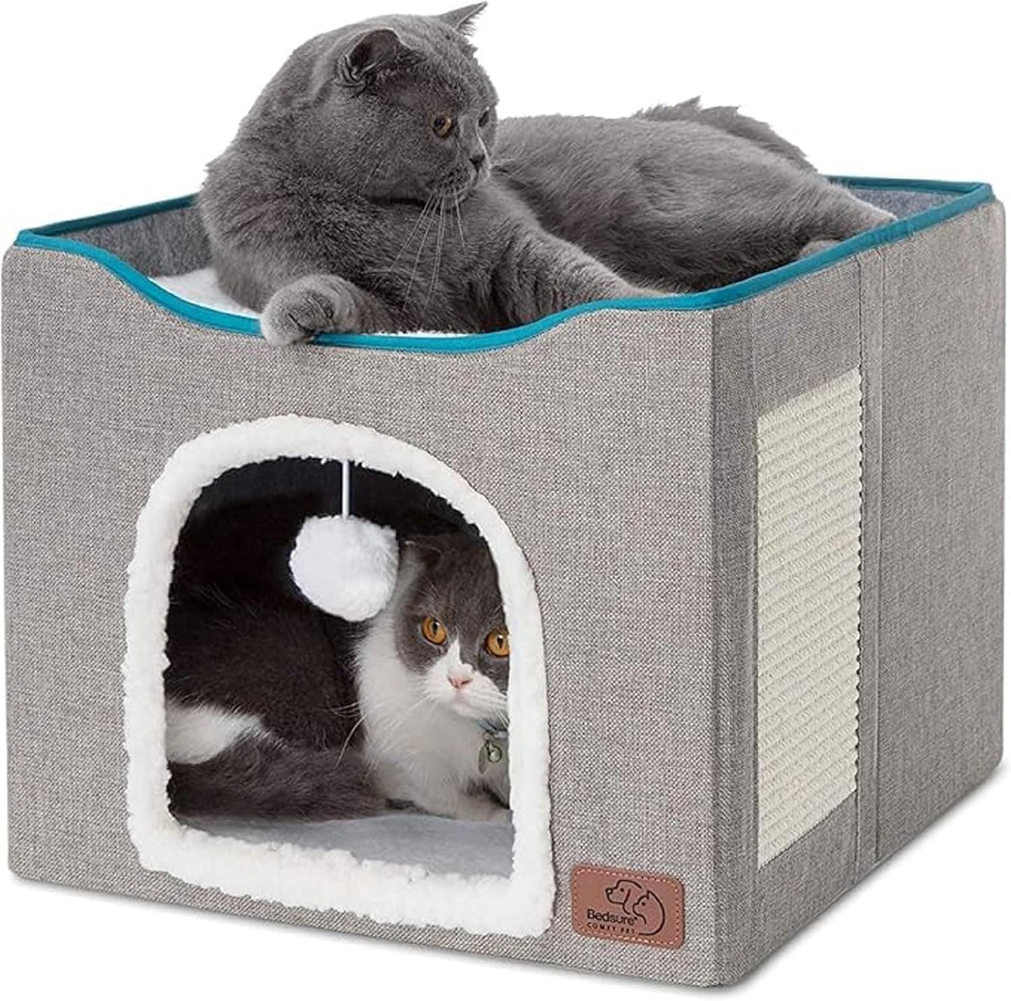 2-Level Cat House for Indoor Cats - Small Cat Towers with Scratch Pad and Hideaway Condo, Cat Cave Bed Furniture for Multi Pets and Large Cats, 18x14x23 inches, Grey