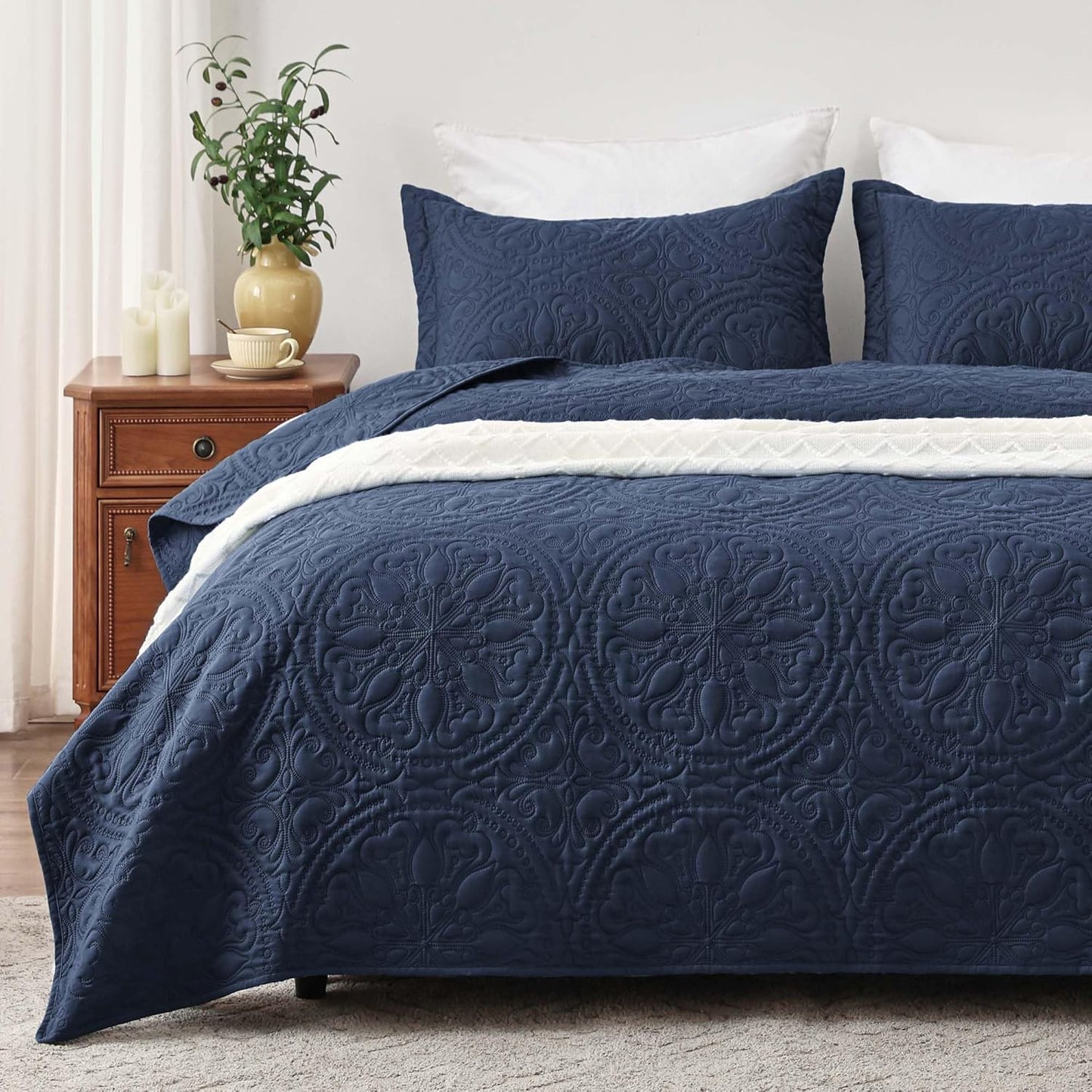 Home Quilt Set Full Queen Size Grey 3 Piece,Lightweight Soft Coverlet Squares Pattern Bedspread Set for All Season(1 Quilt,2 Pillow Shams)