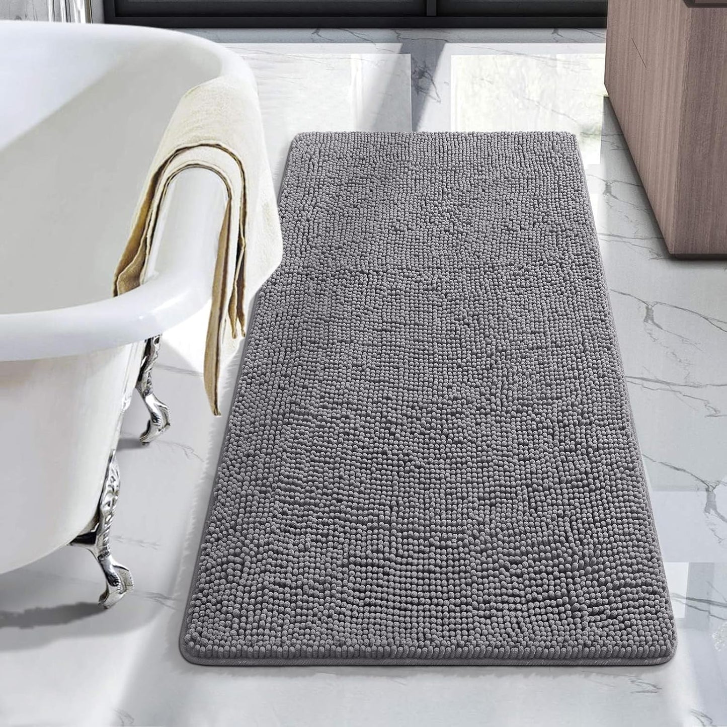Luxury Bathroom Rug Shaggy Bath Mat 24 x 60 Inch, Washable Non Slip Bath Rugs for Bathroom Shower, Soft Plush Chenille Absorbent Carpets Mats, Black