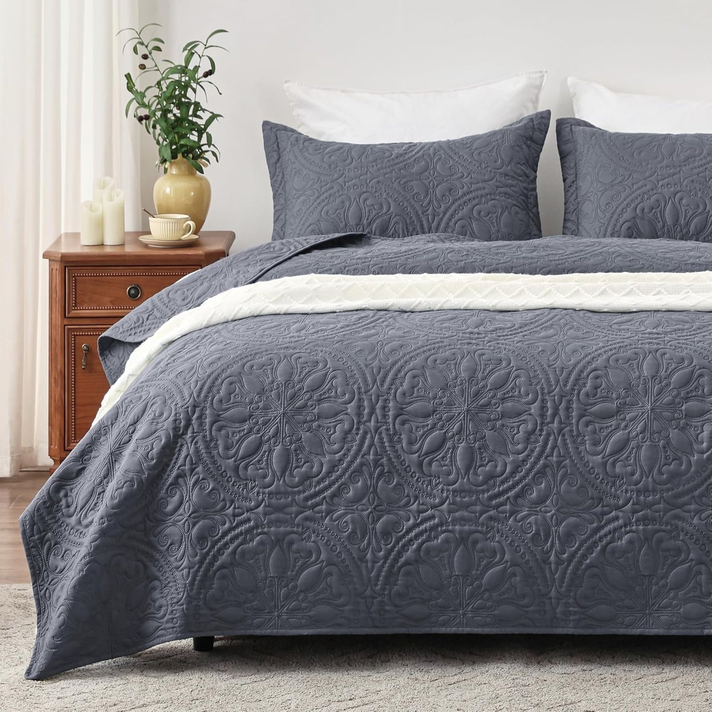 Home Quilt Set Full Queen Size Grey 3 Piece,Lightweight Soft Coverlet Squares Pattern Bedspread Set for All Season(1 Quilt,2 Pillow Shams)
