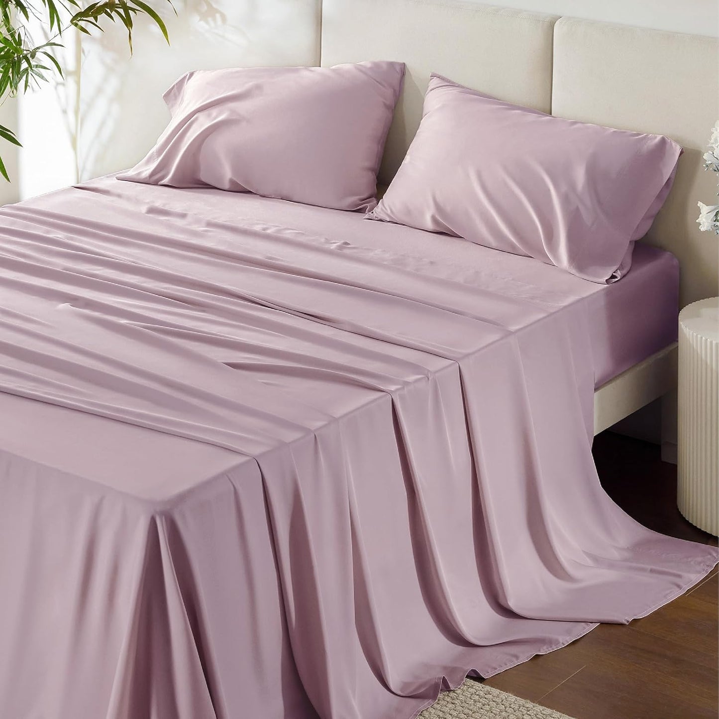 Queen Sheet Set, Cooling Sheets for Queen Size Bed Set, Rayon Derived from Bamboo, Breathable & Soft Deep Pocket Up to 16 Inches, Hotel Luxury Silky Bedding, Bedsheet & Pillowcases, Dark Grey