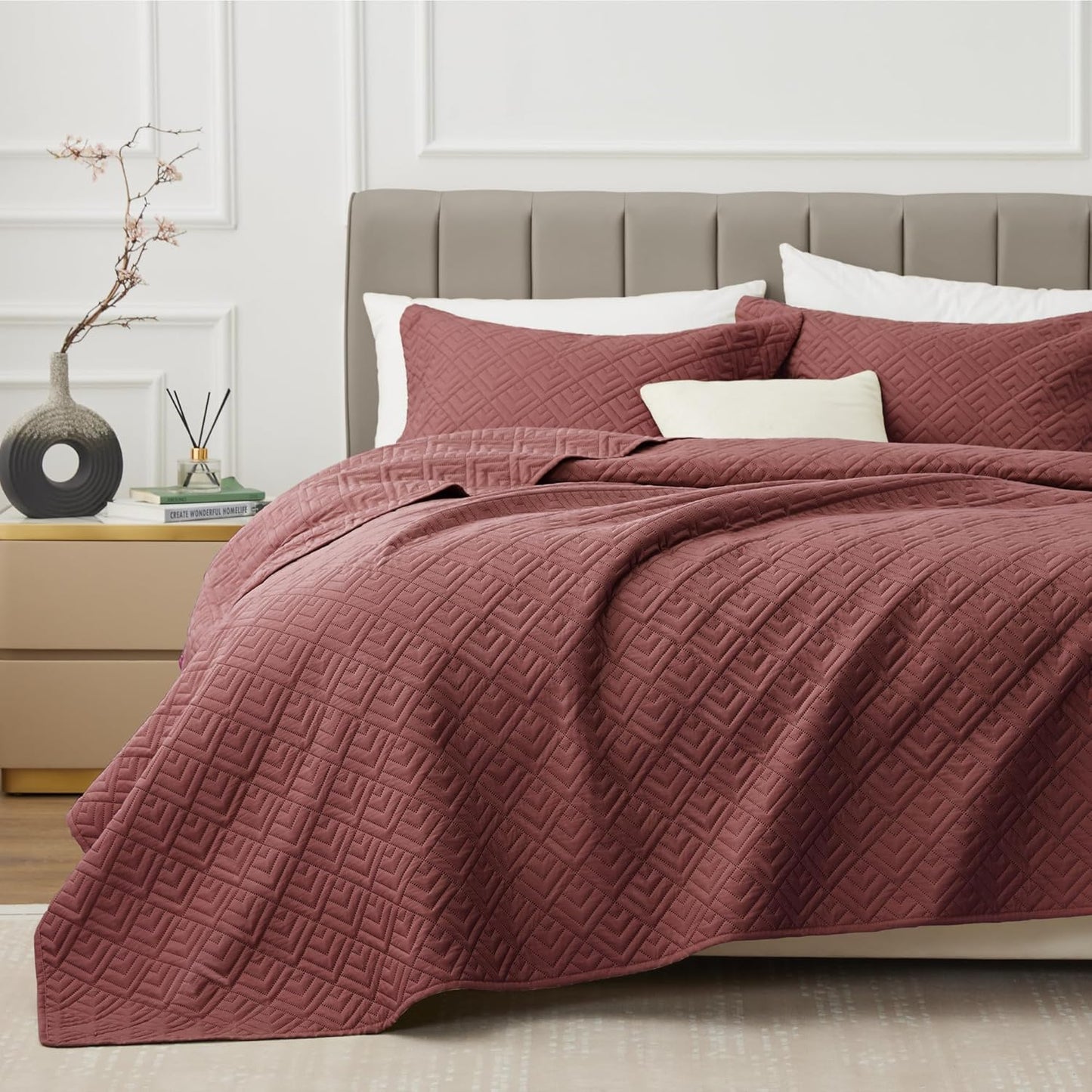 Home Quilt Set Full Queen Size Grey 3 Piece,Lightweight Soft Coverlet Squares Pattern Bedspread Set for All Season(1 Quilt,2 Pillow Shams)