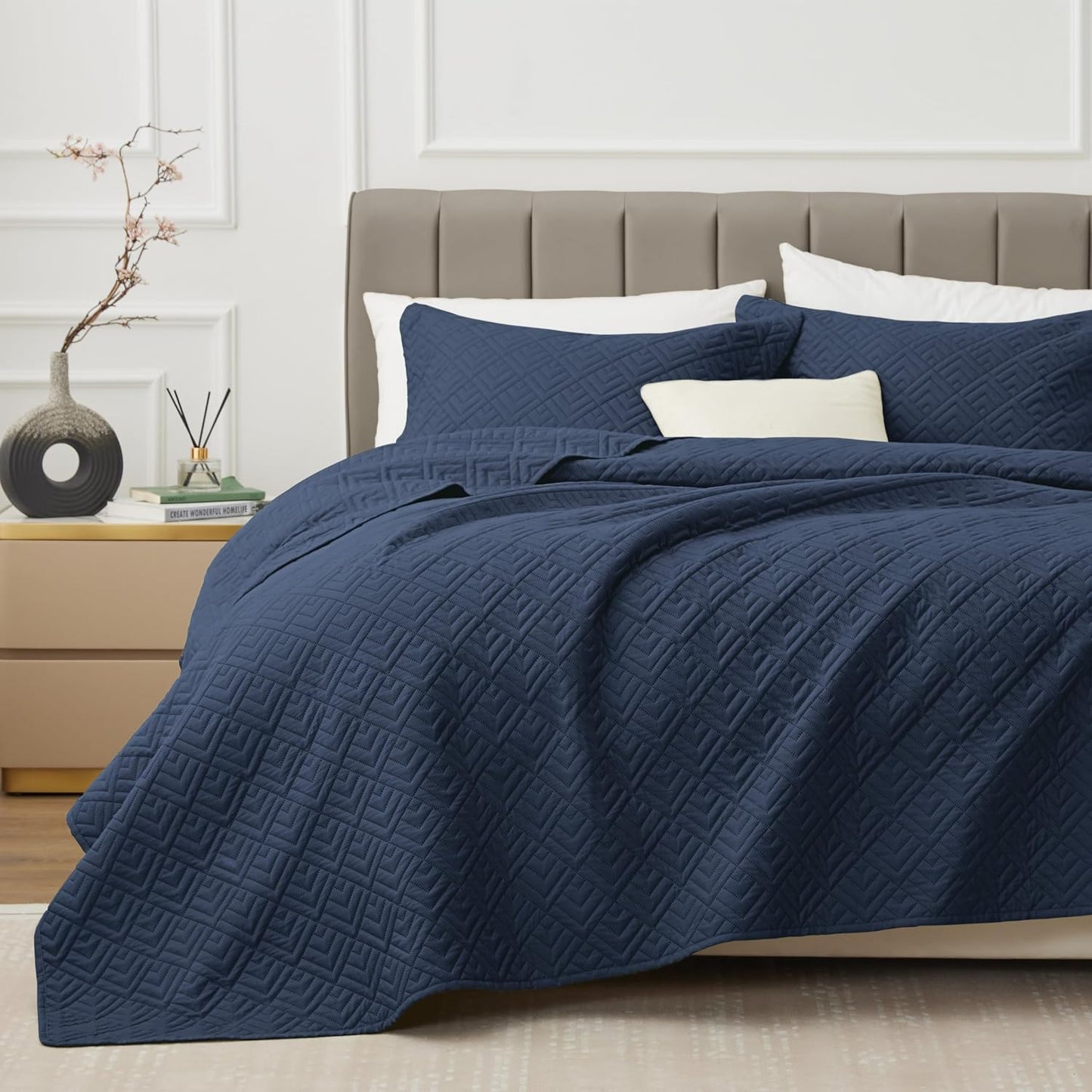 Home Quilt Set Full Queen Size Grey 3 Piece,Lightweight Soft Coverlet Squares Pattern Bedspread Set for All Season(1 Quilt,2 Pillow Shams)