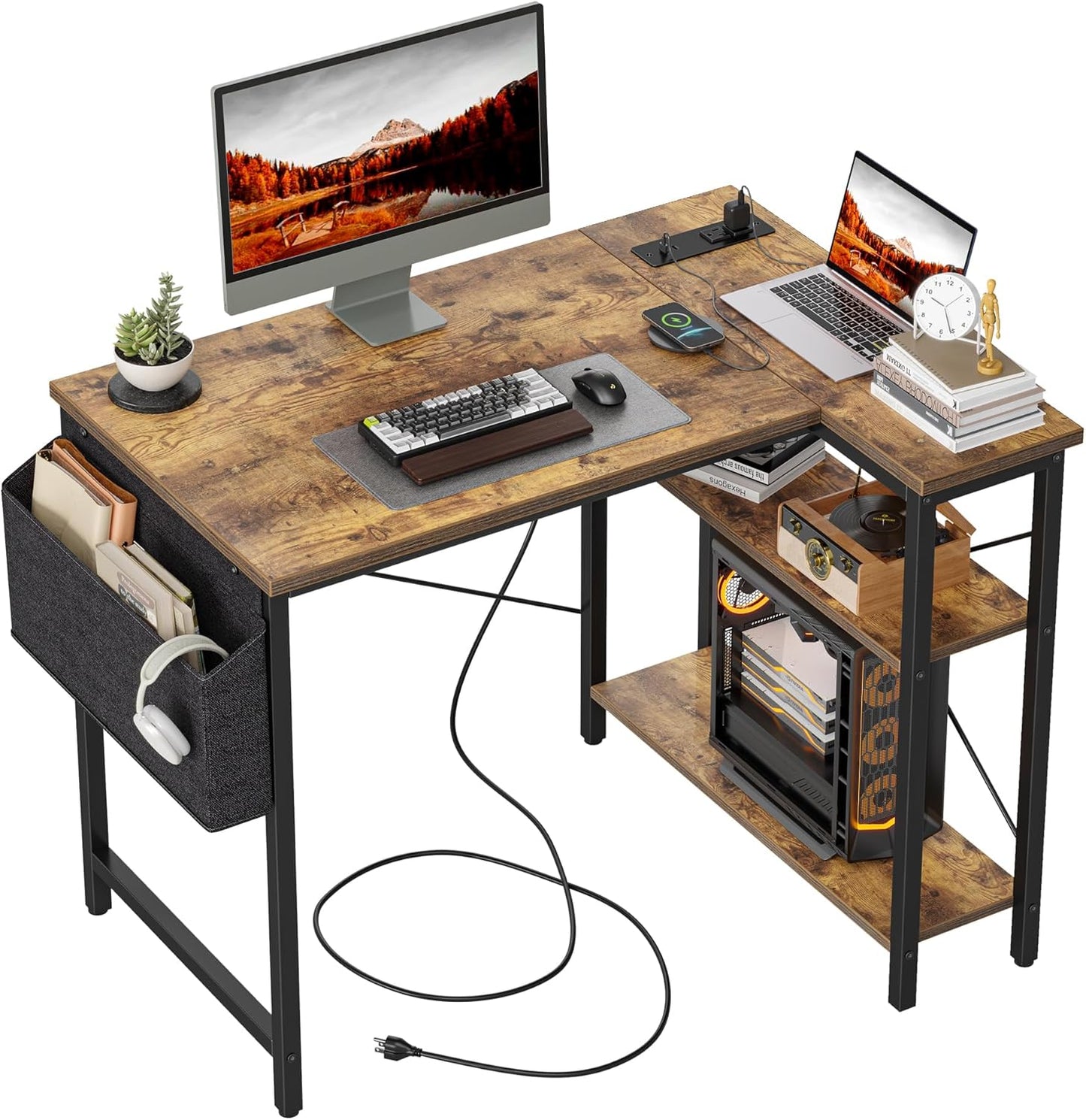 Small Computer Desk with Power Outlets, 40 Inch L Shaped Desk with Reversible Shelves, Gaming Desk Corner Desk Study Writing Table for Home Office Bedroom Living Room, Black