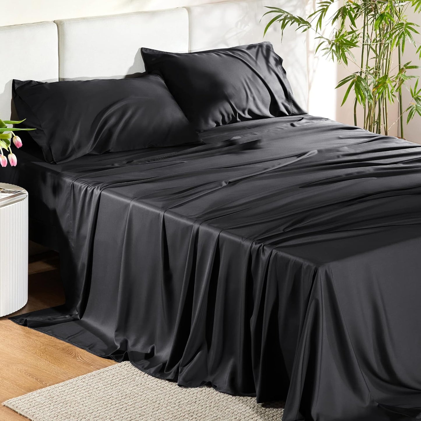 Queen Sheet Set, Cooling Sheets for Queen Size Bed Set, Rayon Derived from Bamboo, Breathable & Soft Deep Pocket Up to 16 Inches, Hotel Luxury Silky Bedding, Bedsheet & Pillowcases, Dark Grey
