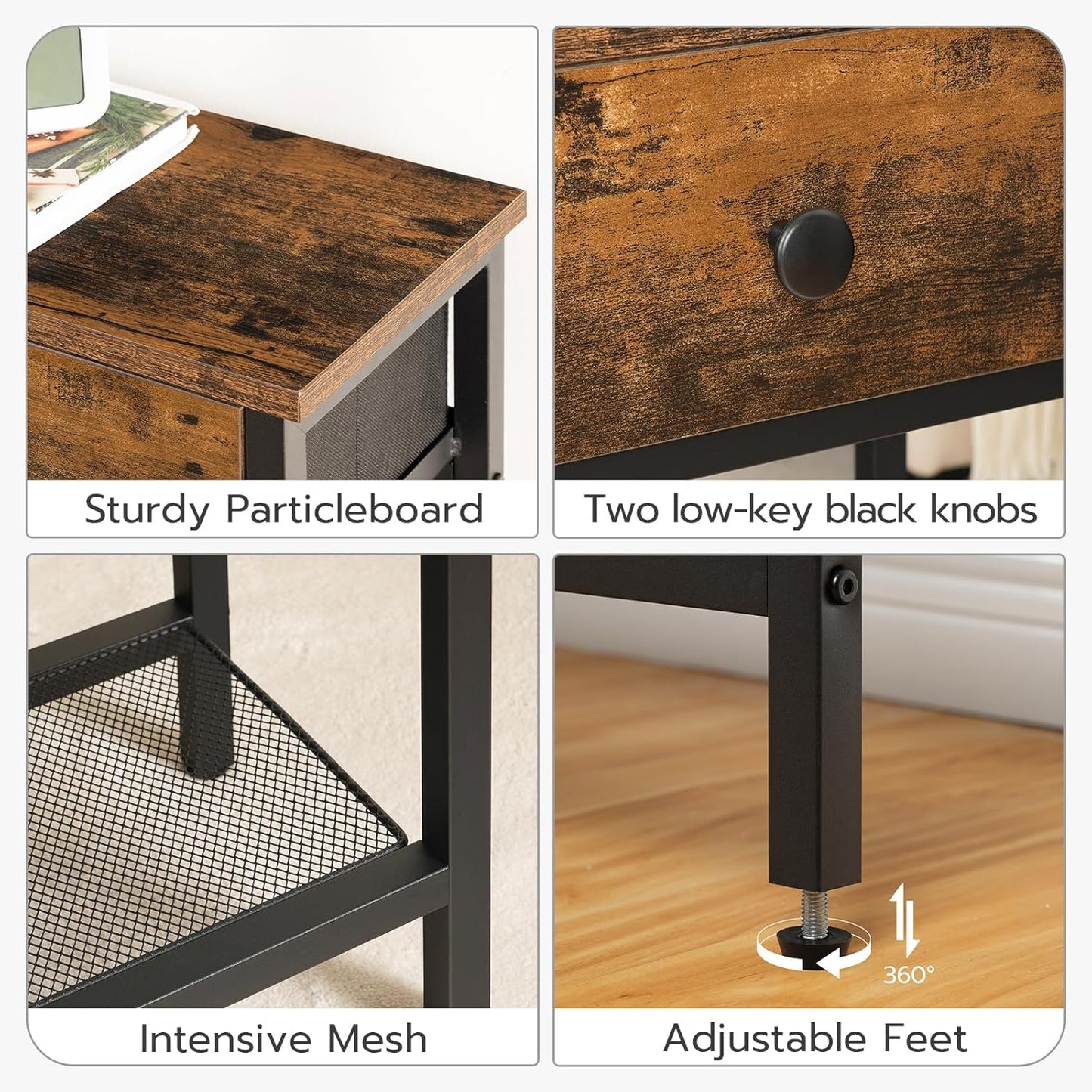 29.5" Narrow Console Table with 2 Fabric Drawers, Small Entryway Table with 3-Tier Storage Shelves, Thin Sofa Table, Side Table, for Living Room, Hallway, Rustic Brown and Black