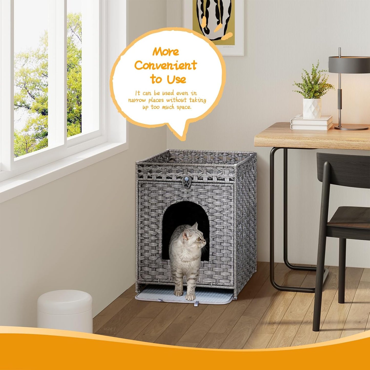 Cat Litter Box Enclosure Furniture Hidden with Cat Litter Mat, Hidden Cat Washroom Furniture with Door, Handwoven Rattan Cat Washroom Box, Indoor Pet House for Living Room, Bedroom(Grey)