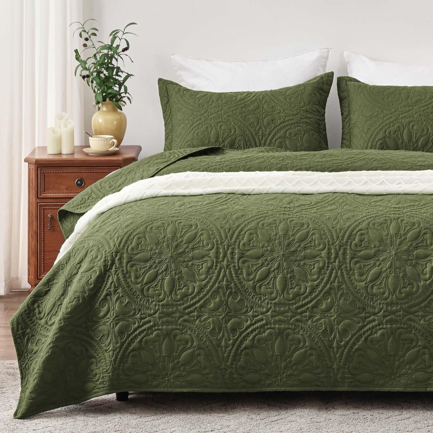 Home Quilt Set Full Queen Size Grey 3 Piece,Lightweight Soft Coverlet Squares Pattern Bedspread Set for All Season(1 Quilt,2 Pillow Shams)