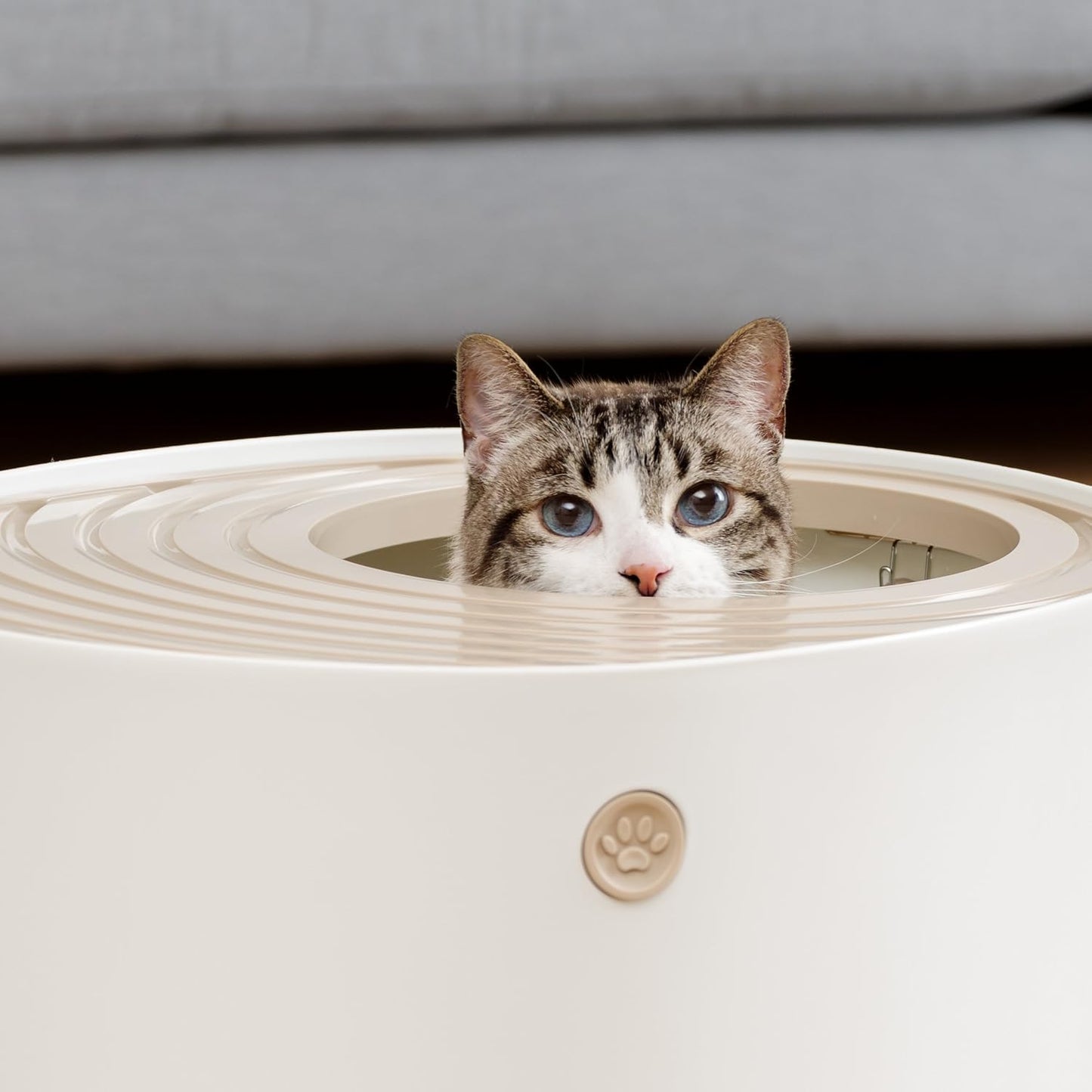 Cat Litter Box, Top Entry Litter Box with Scoop, Stylish Round Cat Litter Box Enclosure, Kitty Litter Box, White/Beige