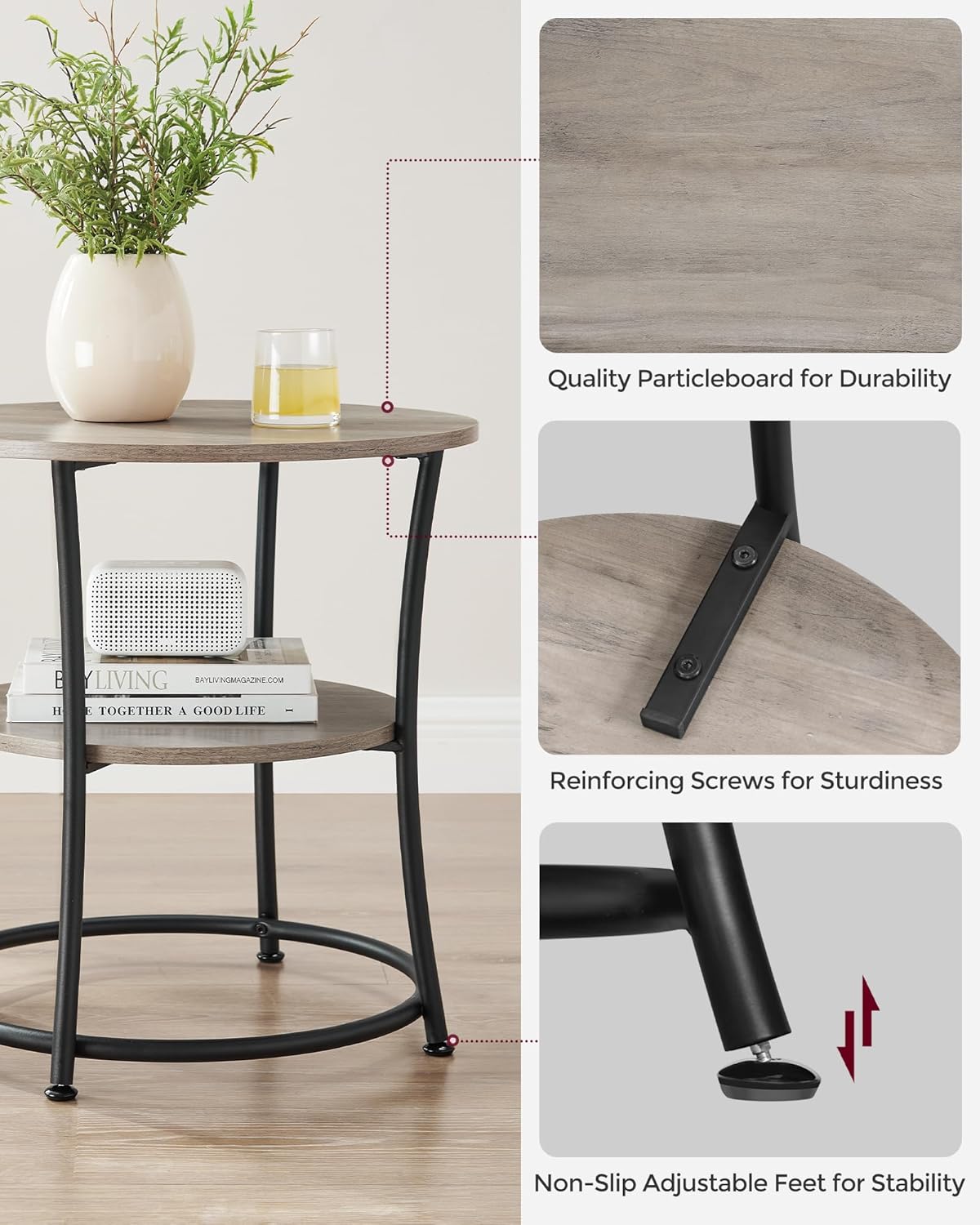 Side Table, Round End Table with 2 Storage Shelves for Living Room, Bedroom, Nightstand with Steel Frame for Small Spaces, Accent Coffee Table, Greige and Ink Black